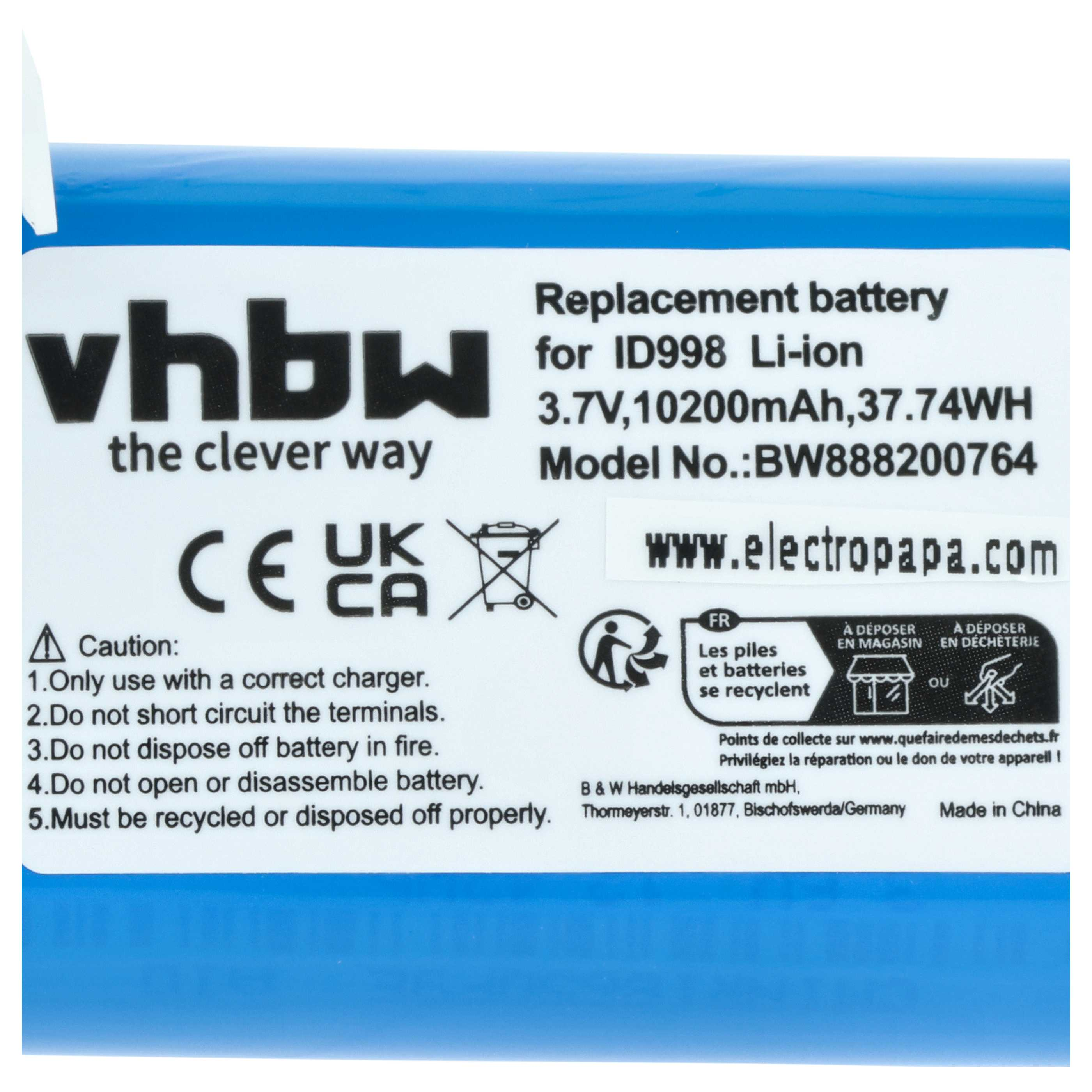 Ersatzakku für ID998 Li-ion, 3,7V, 10200mAh, 37,74WH. Made in China.