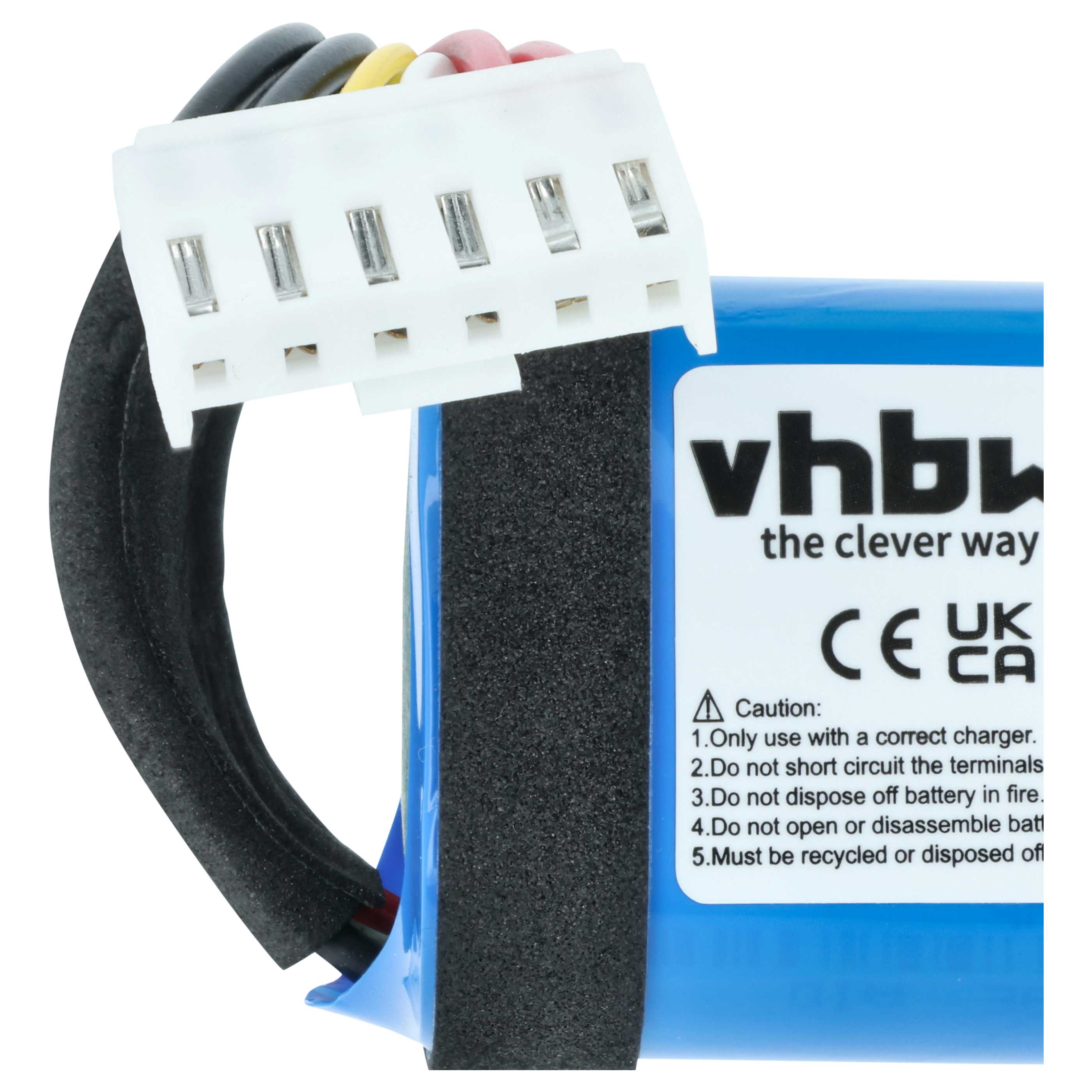 Ein blaues Akkupack mit weißem Stecker und Kabeln. Warnhinweise aufgedruckt.