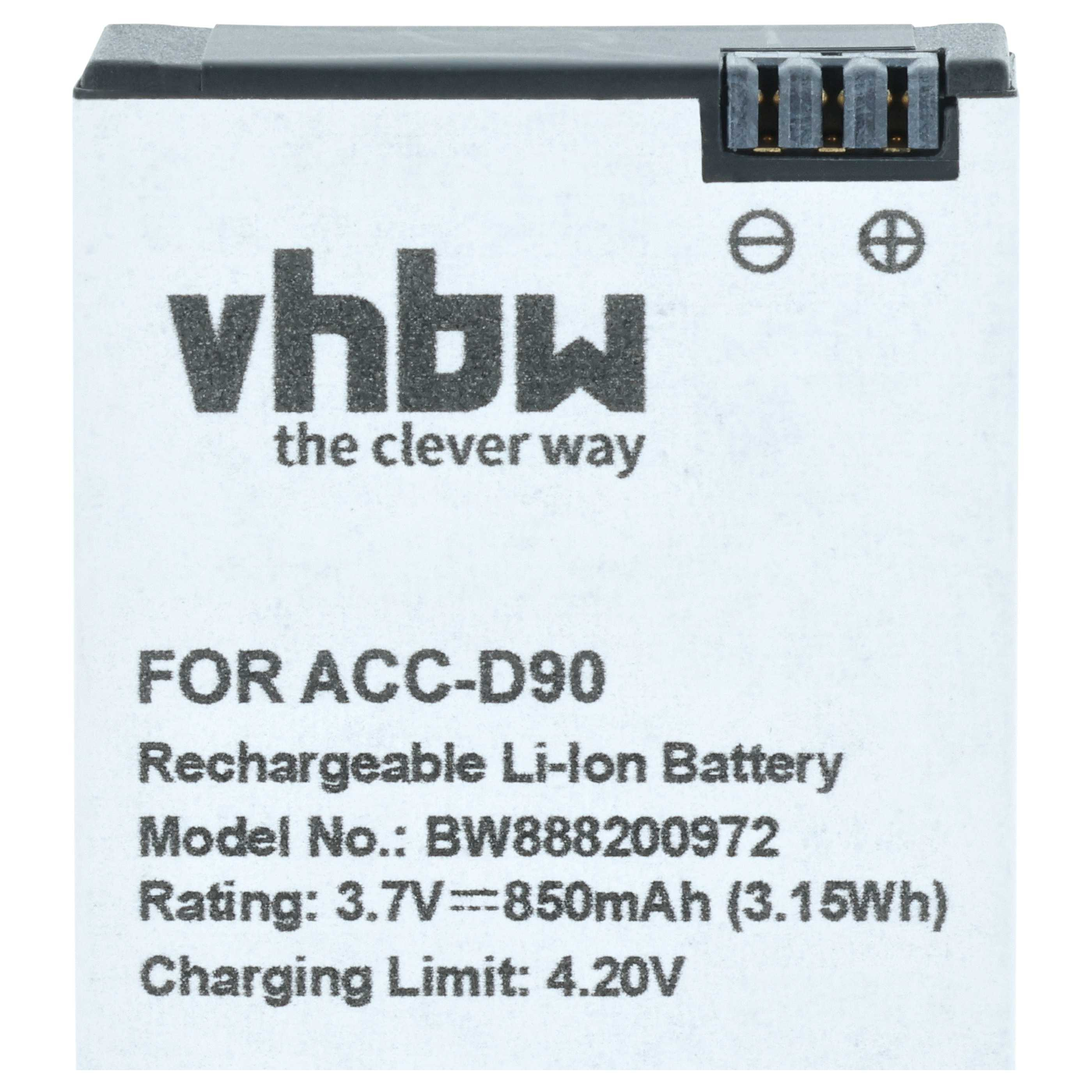 vhbw Akku für ACC-D90, 3.7V, 850mAh, Li-Ion, Ladeschlussspannung 4.20V.