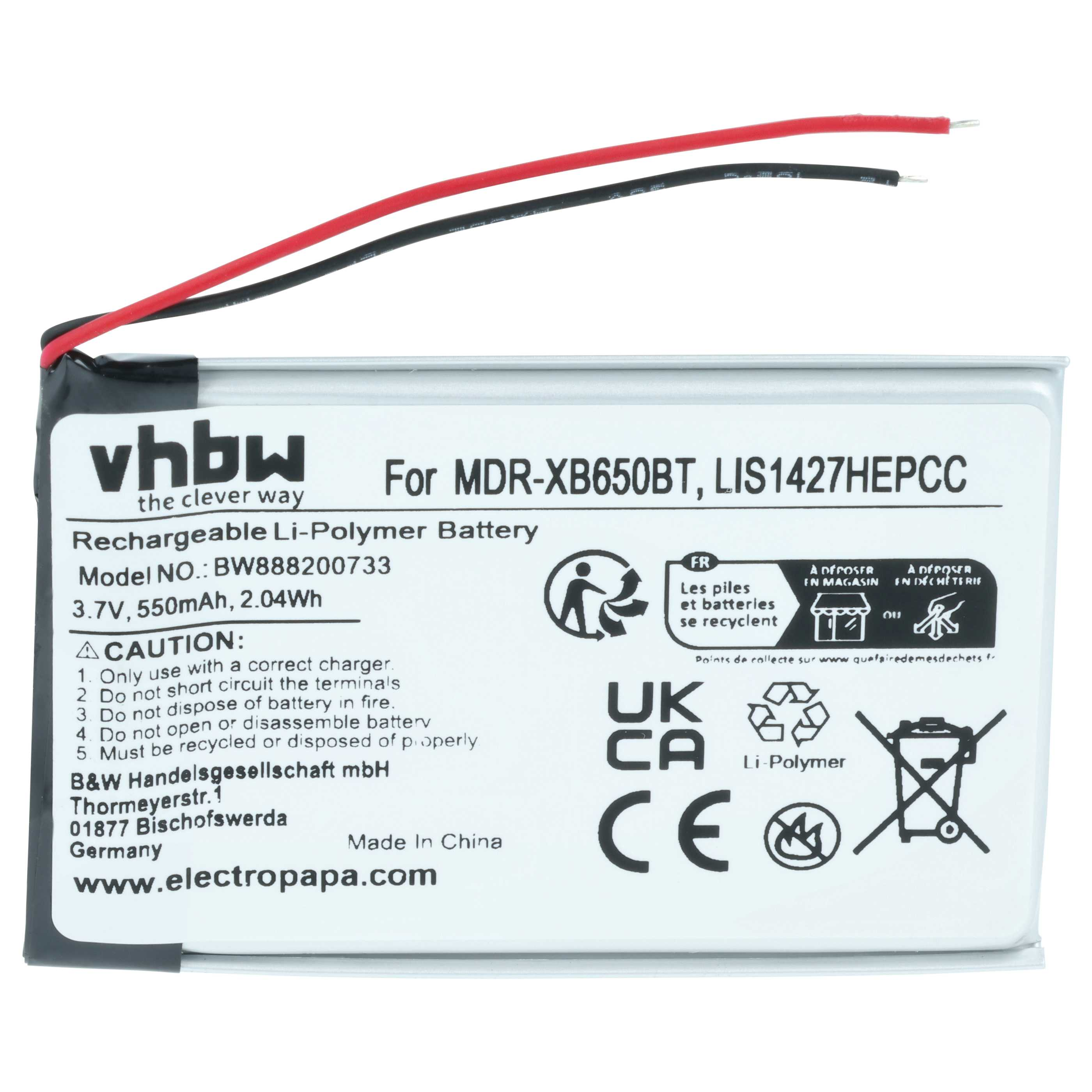 VHBW Li-Polymer Akku für MDR-XB650BT, 3,7V, 550mAh, mit Kabeln.