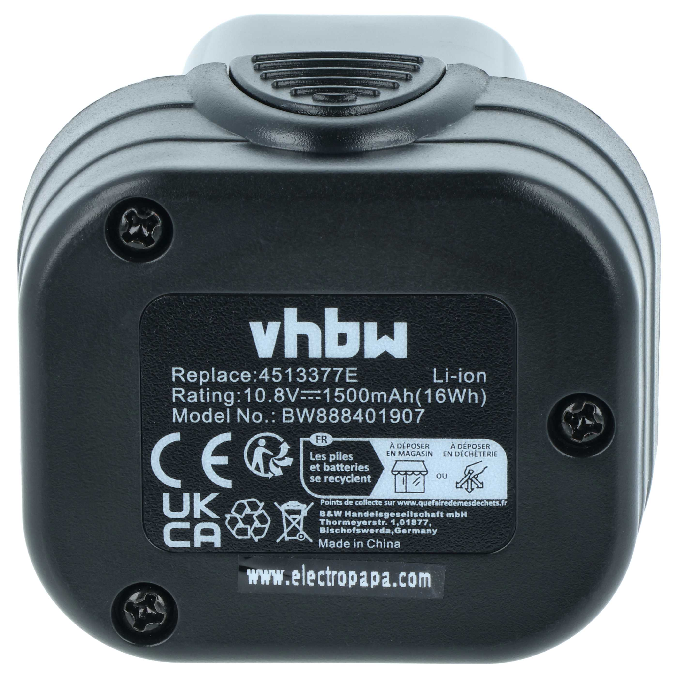 Schwarzer Li-Ion-Akku mit Beschriftung: VHBW, 10,8V, 1500mAh, Made in China.