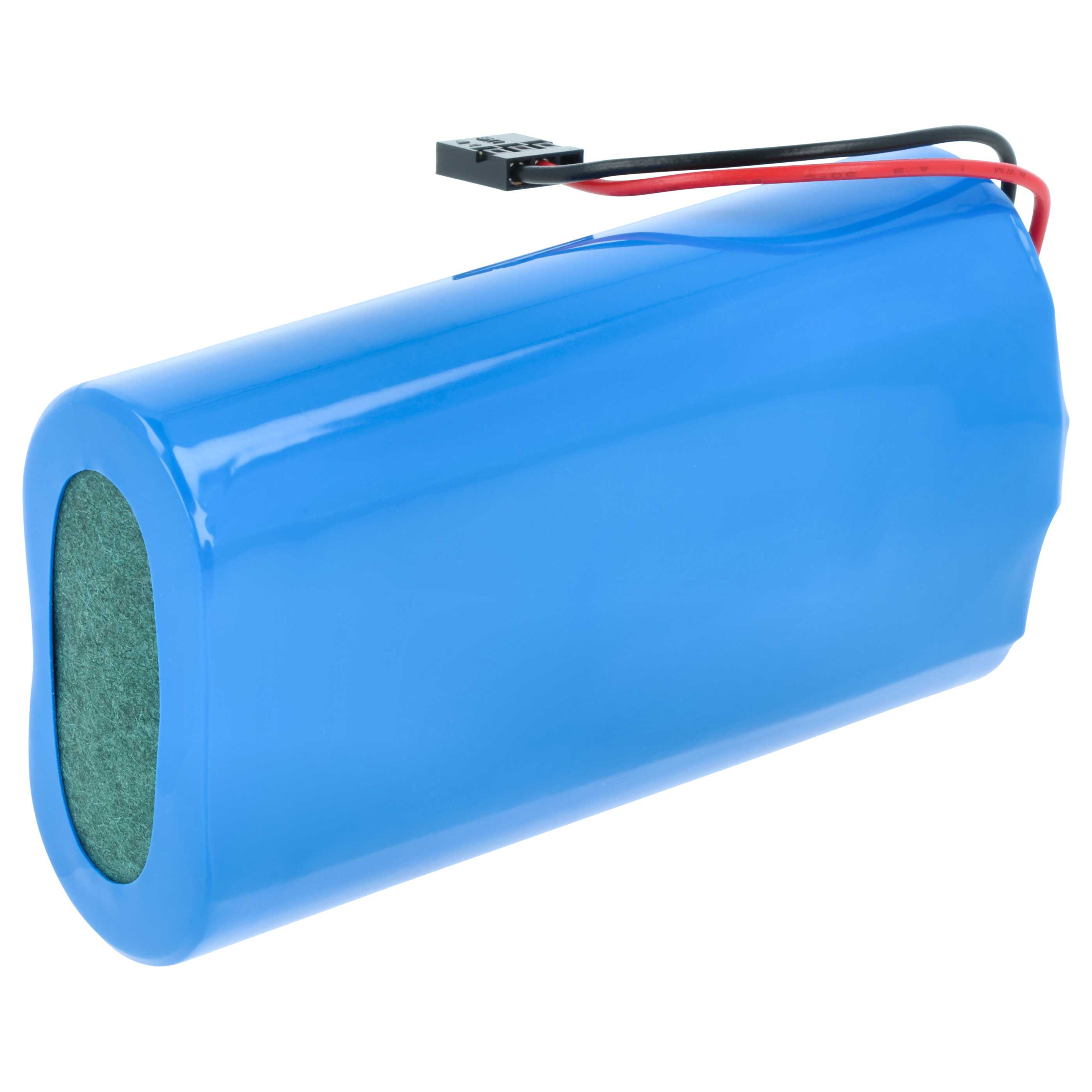 Ein blauer zylindrischer Akku mit schwarzen und roten Kabeln und einem Stecker.