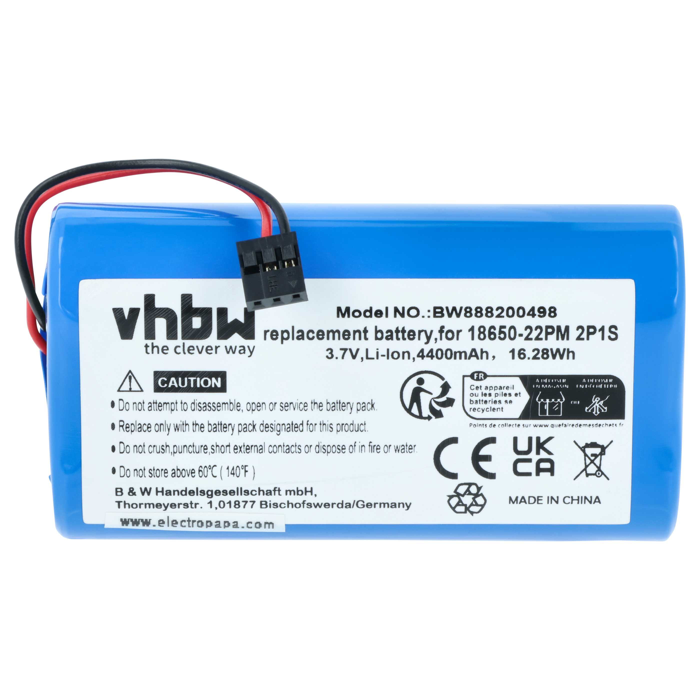 Blauer Lithium-Ionen-Akku mit Kabeln und Warnhinweisen. Modell BW888200498.