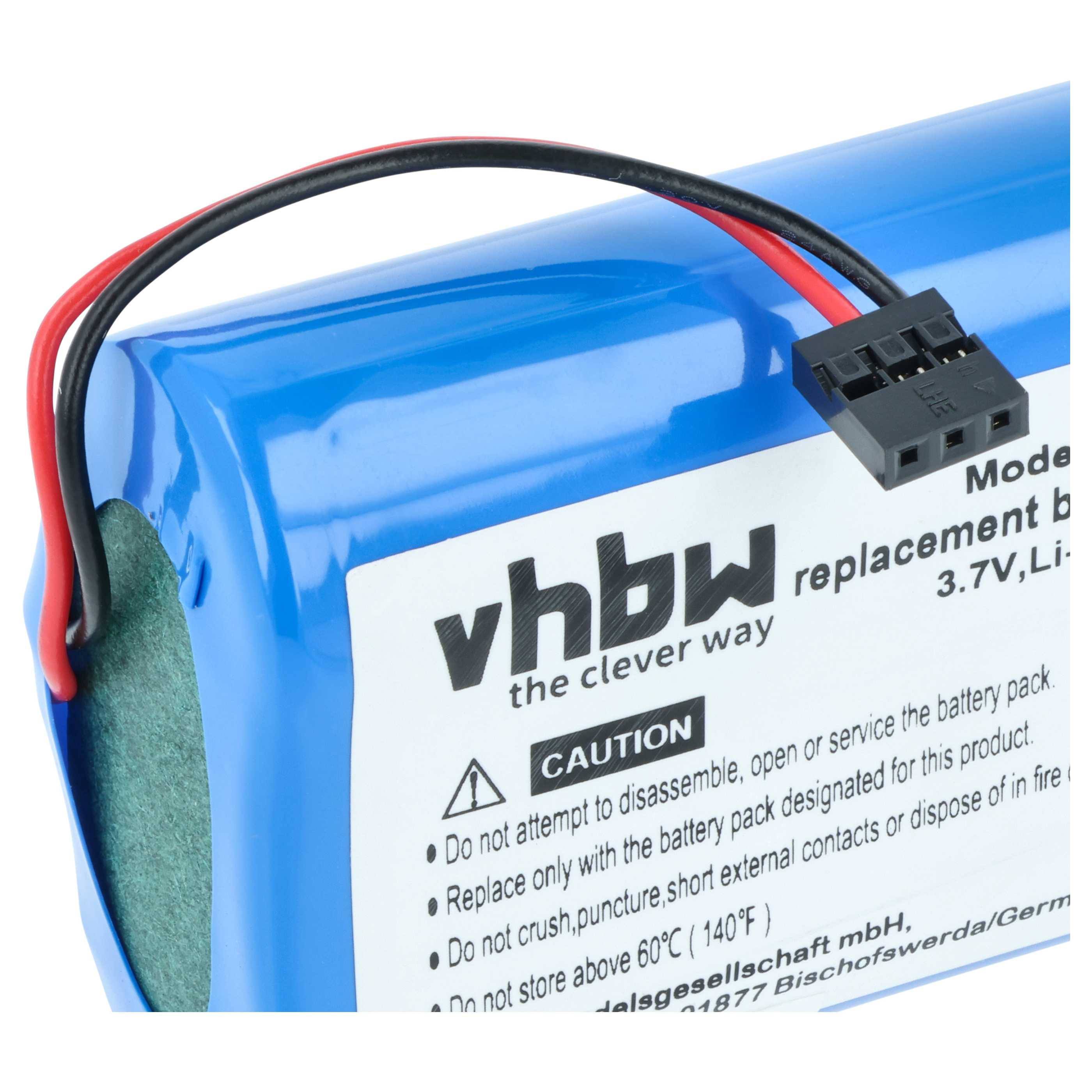 Blauer Akku mit Kabeln und Stecker, Warnhinweise auf Etikett.