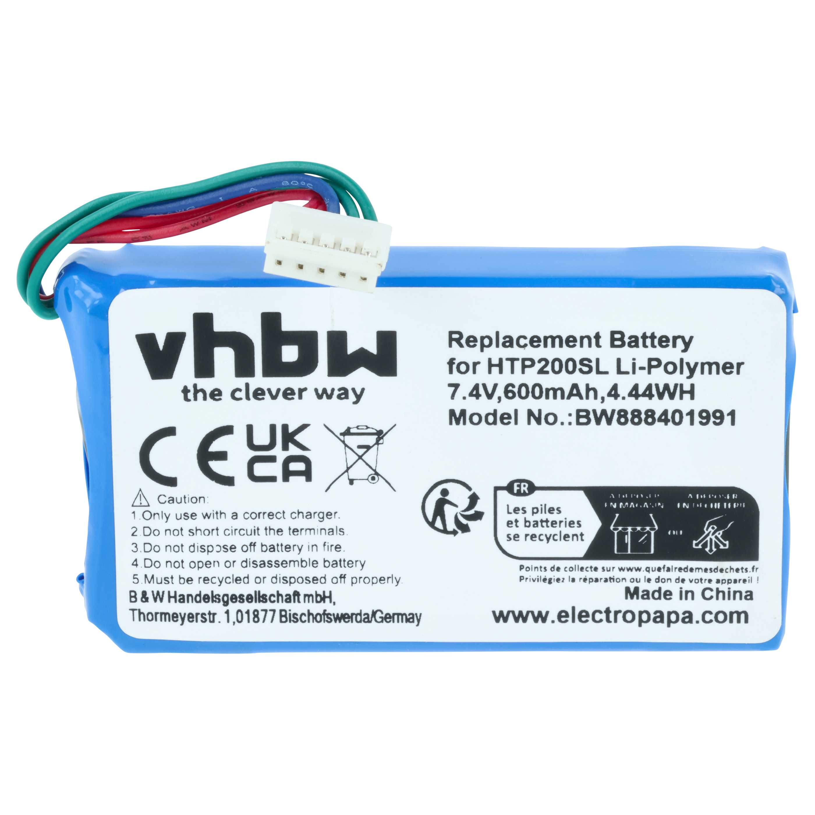Ein blaues Akkupack mit Kabeln und einem weißen Stecker, Aufschrift: Vhbw, HTP200SL Li-Polymer.