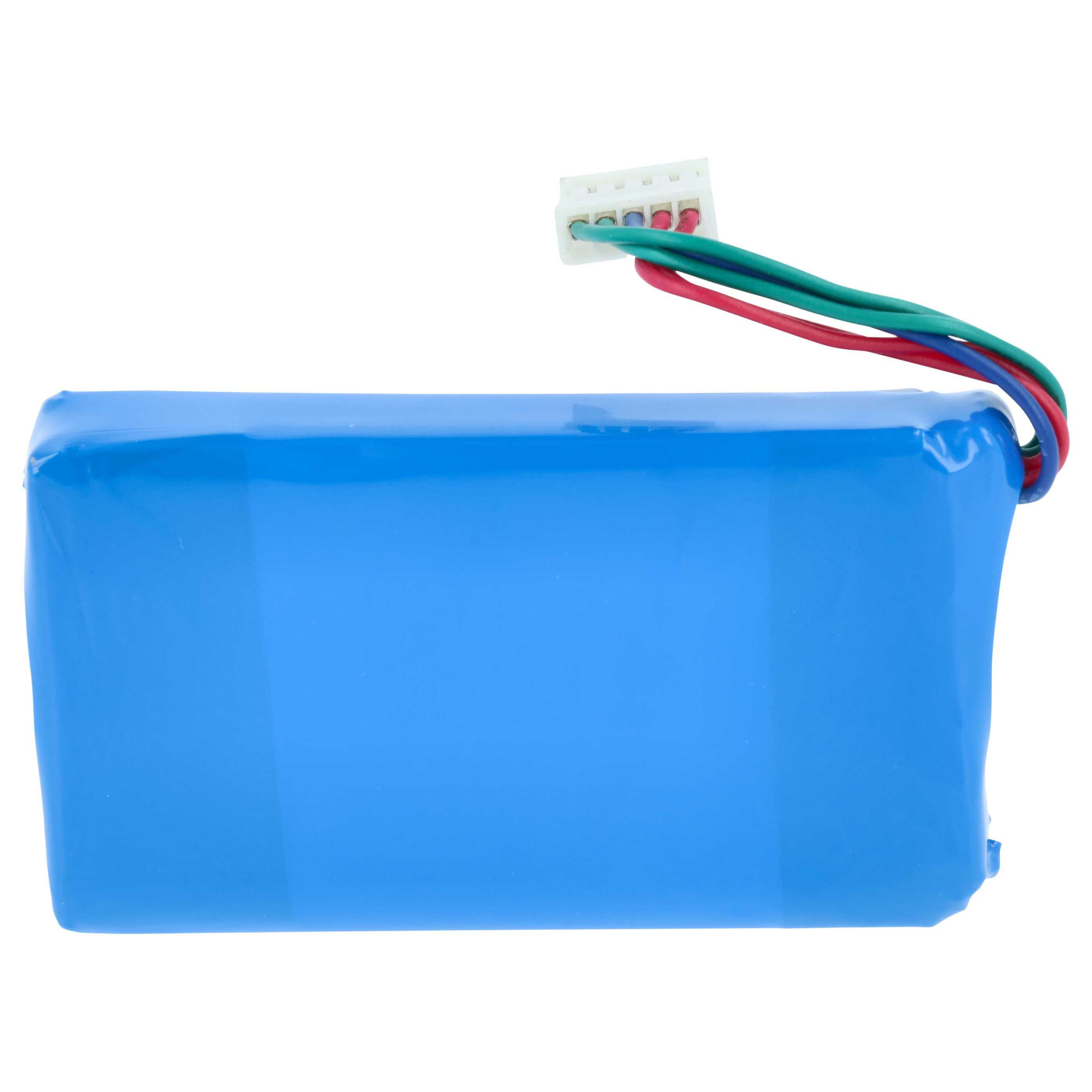 Ein blauer Akku mit vier farbigen Drähten, die aus einem weißen Stecker kommen.