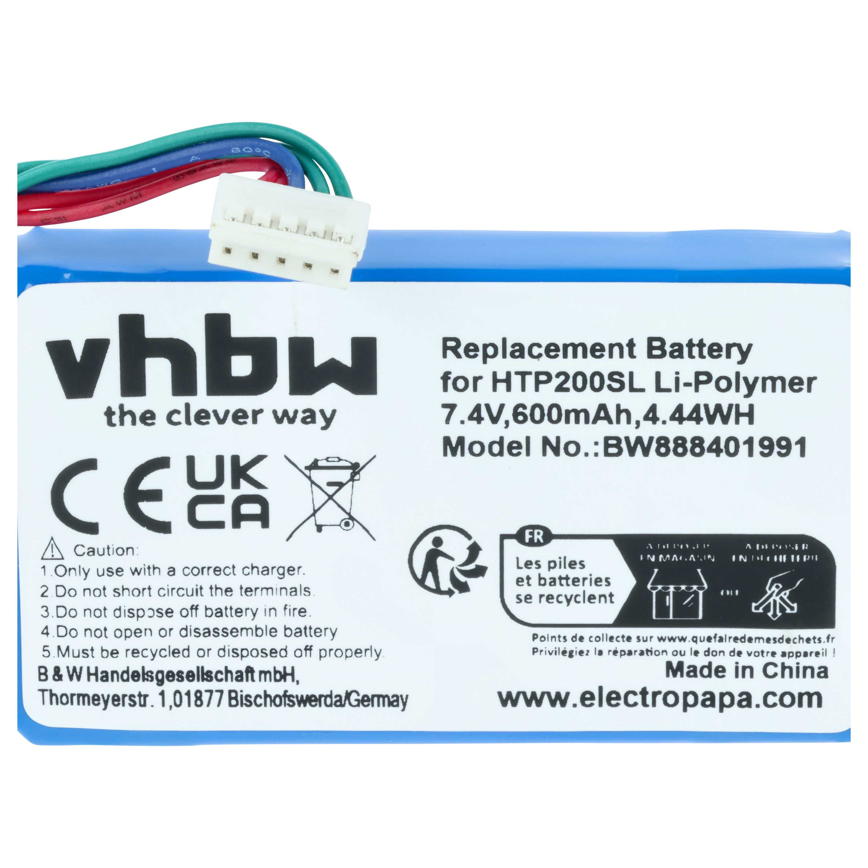 Ein blauer Li-Polymer-Akku mit Kabeln und Warnhinweisen. 7,4V, 600mAh.