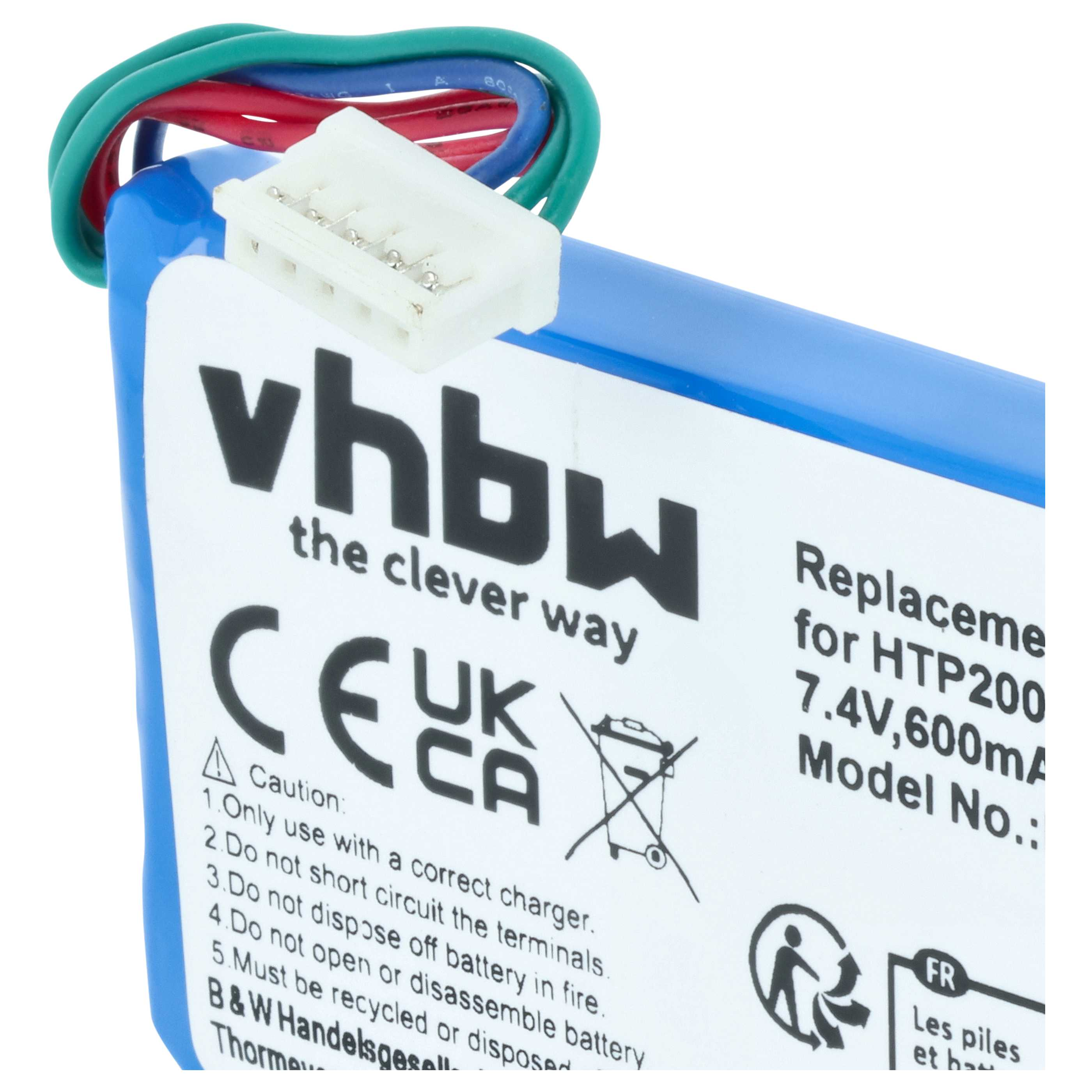 Ein blauer Akku mit Kabeln und einem weißen Stecker. Aufschrift: vhbw, CE, UKCA.