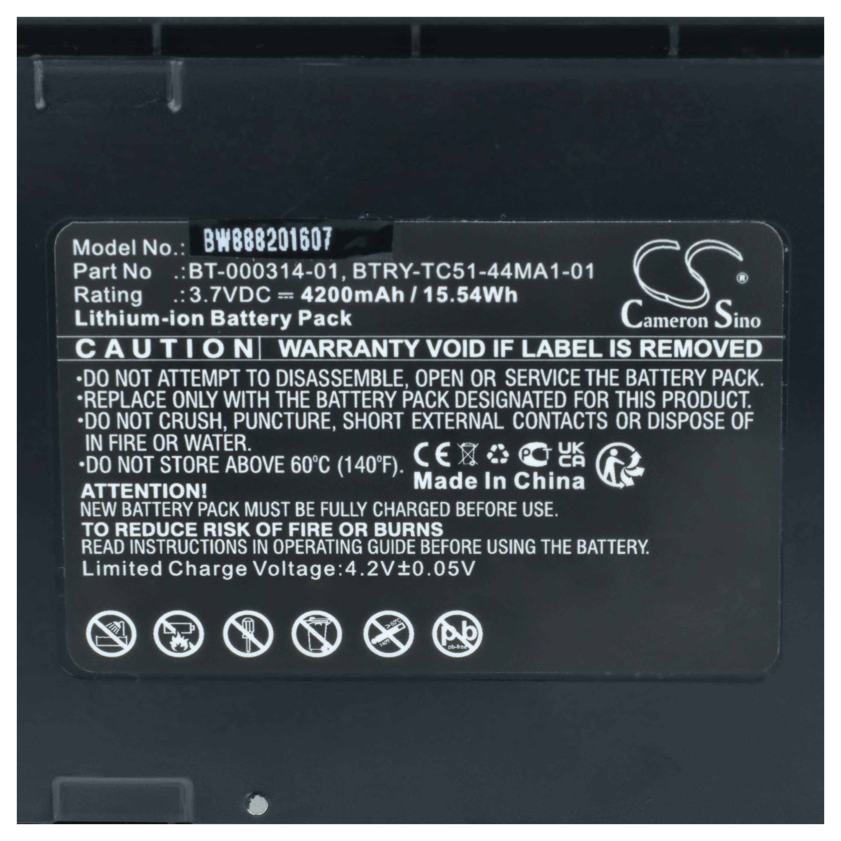 Etikett auf schwarzem Akku: Modellnummer, Teilenummer, 3,7 VDC, 4200 mAh, Lithium-Ionen.
