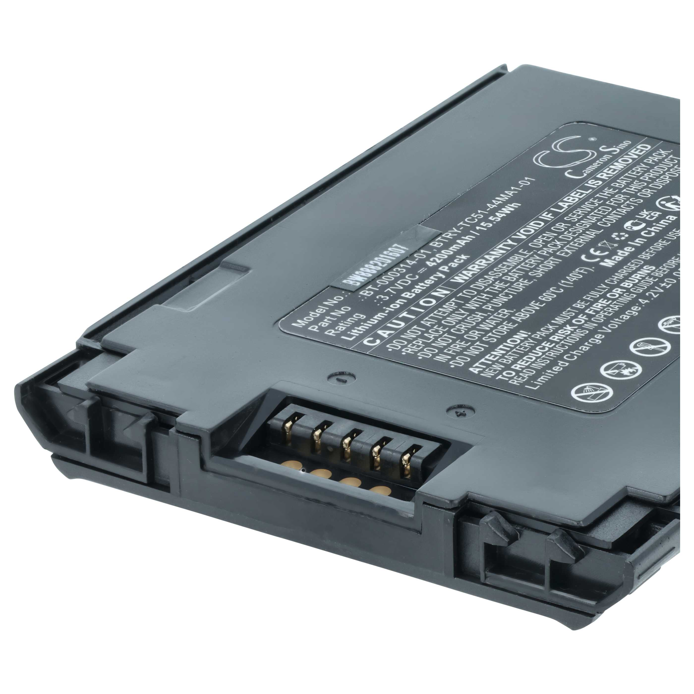 Ein grauer Lithium-Ionen-Akku mit goldenen Kontakten und Warnhinweisen.