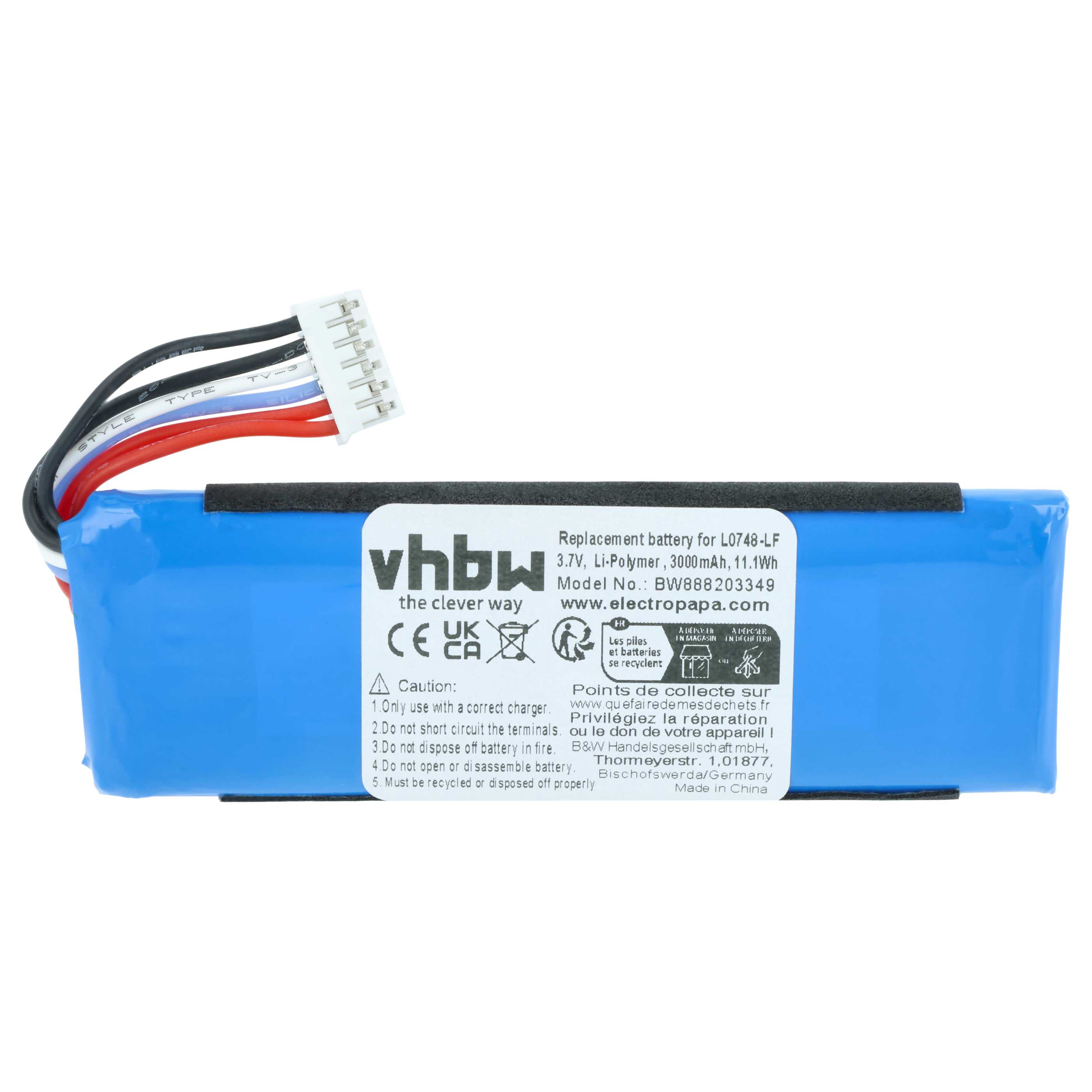 Blauer Li-Polymer-Akku mit Kabeln und Beschriftung. 3000mAh, 3.7V.