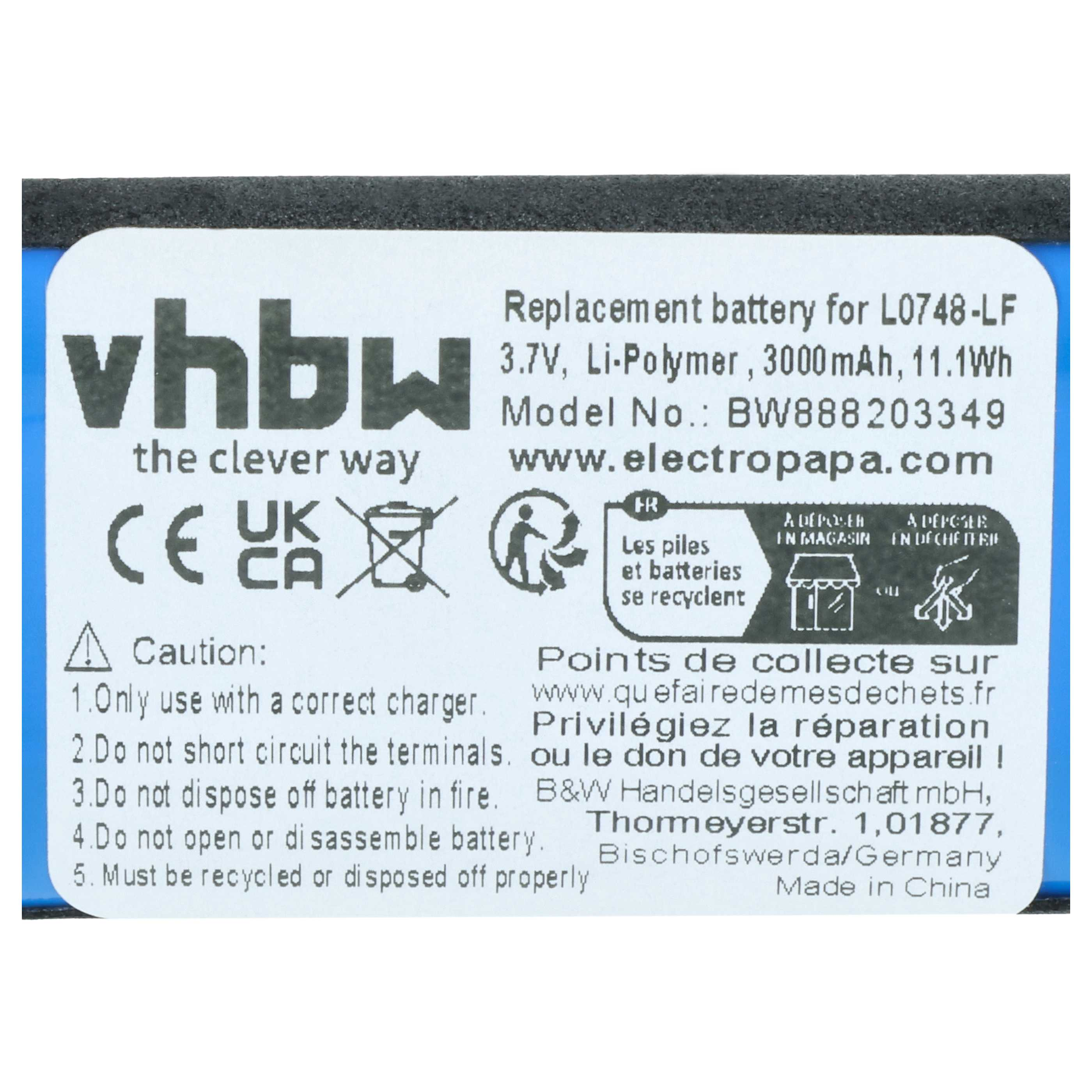 vhbw Ersatzakku L0748-LF, 3.7V Li-Polymer, 3000mAh. CE/UK CA-Siegel.