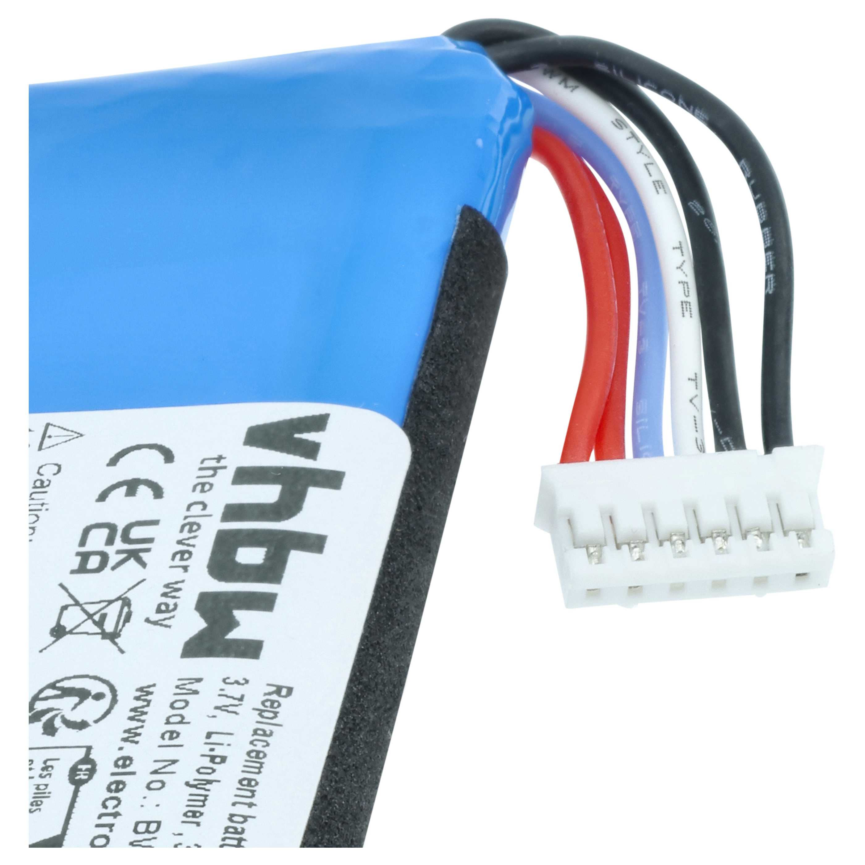 Blaue Li-Polymer-Batterie mit Kabeln und Anschluss. Textdetails Modell und Spannung.