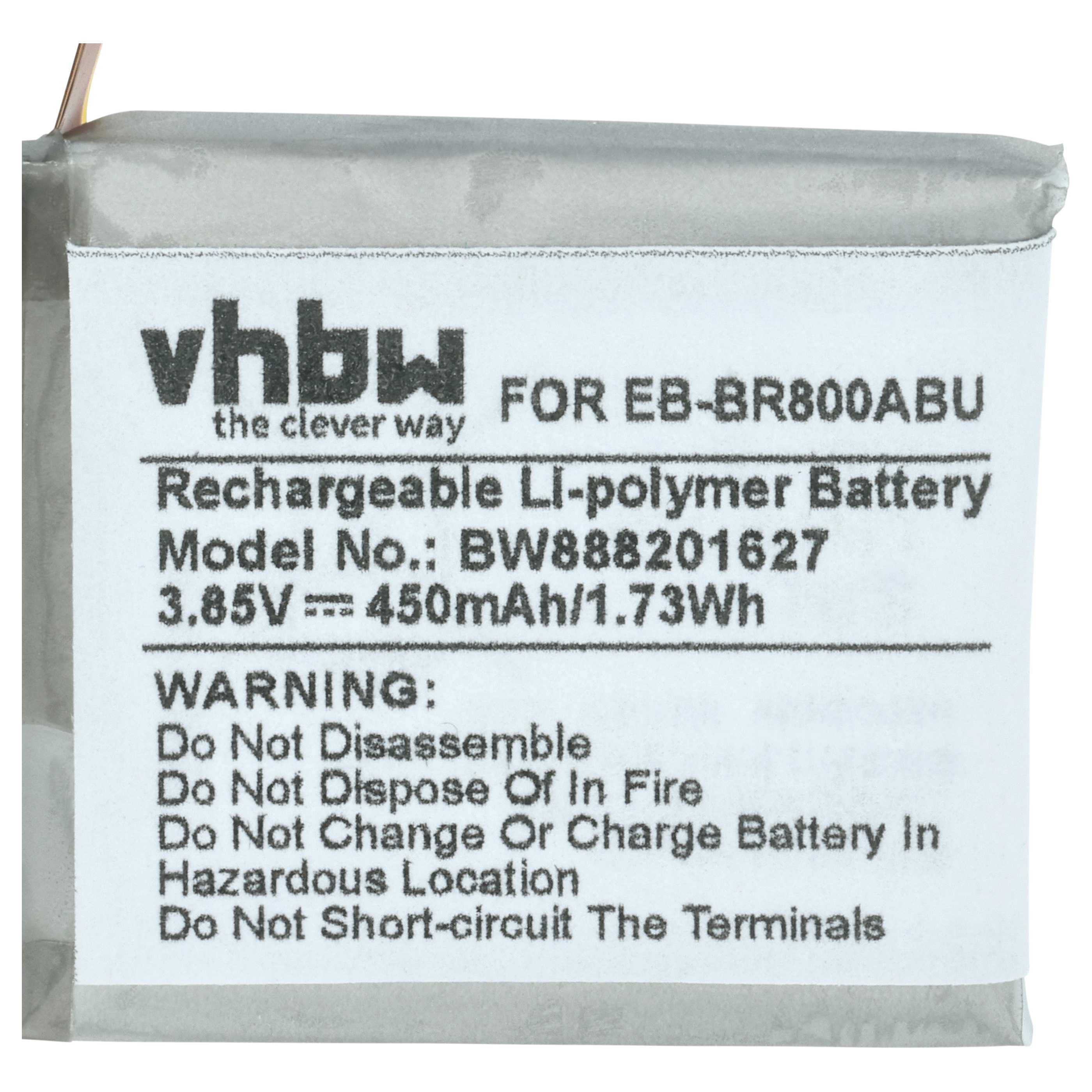 Grauer Li-Polymer-Akku mit Aufkleber: vhbw, EB-BR800ABU, 3.85V, 450mAh.