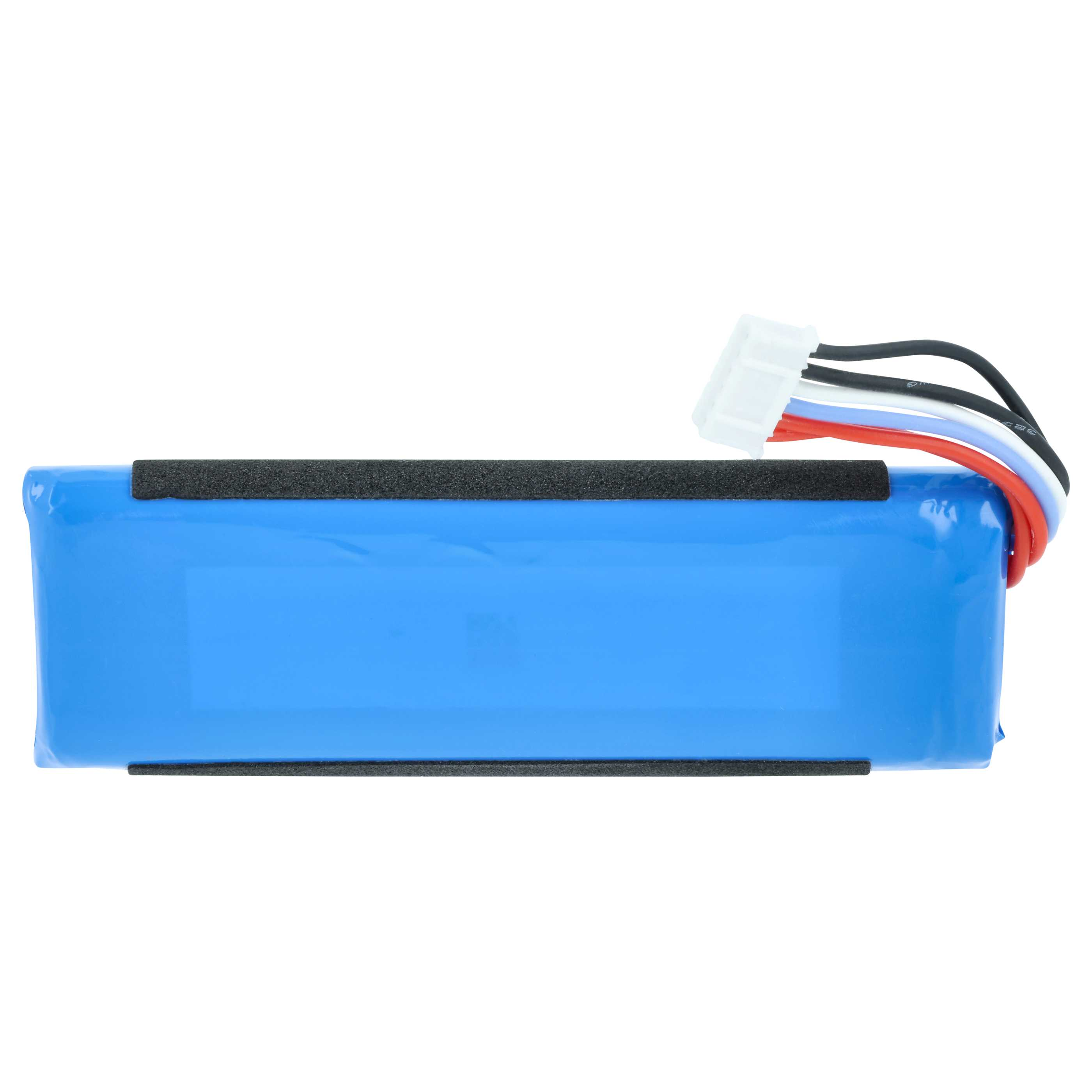 Ein blauer Akku mit schwarzem Schaumstoffband und Anschlusskabeln.