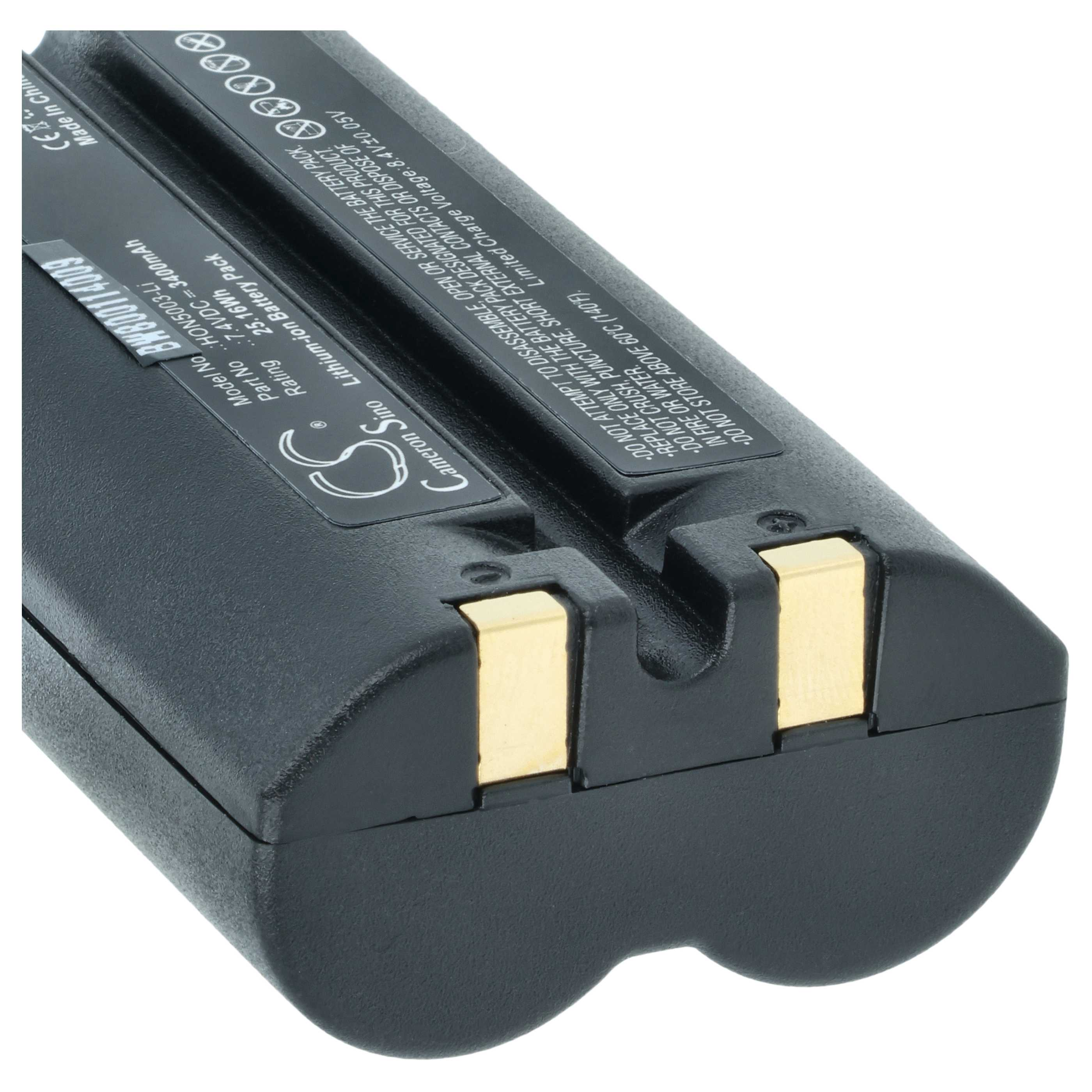 Schwarzer Lithium-Ionen-Akku mit goldenen Anschlüssen und Aufdruck.