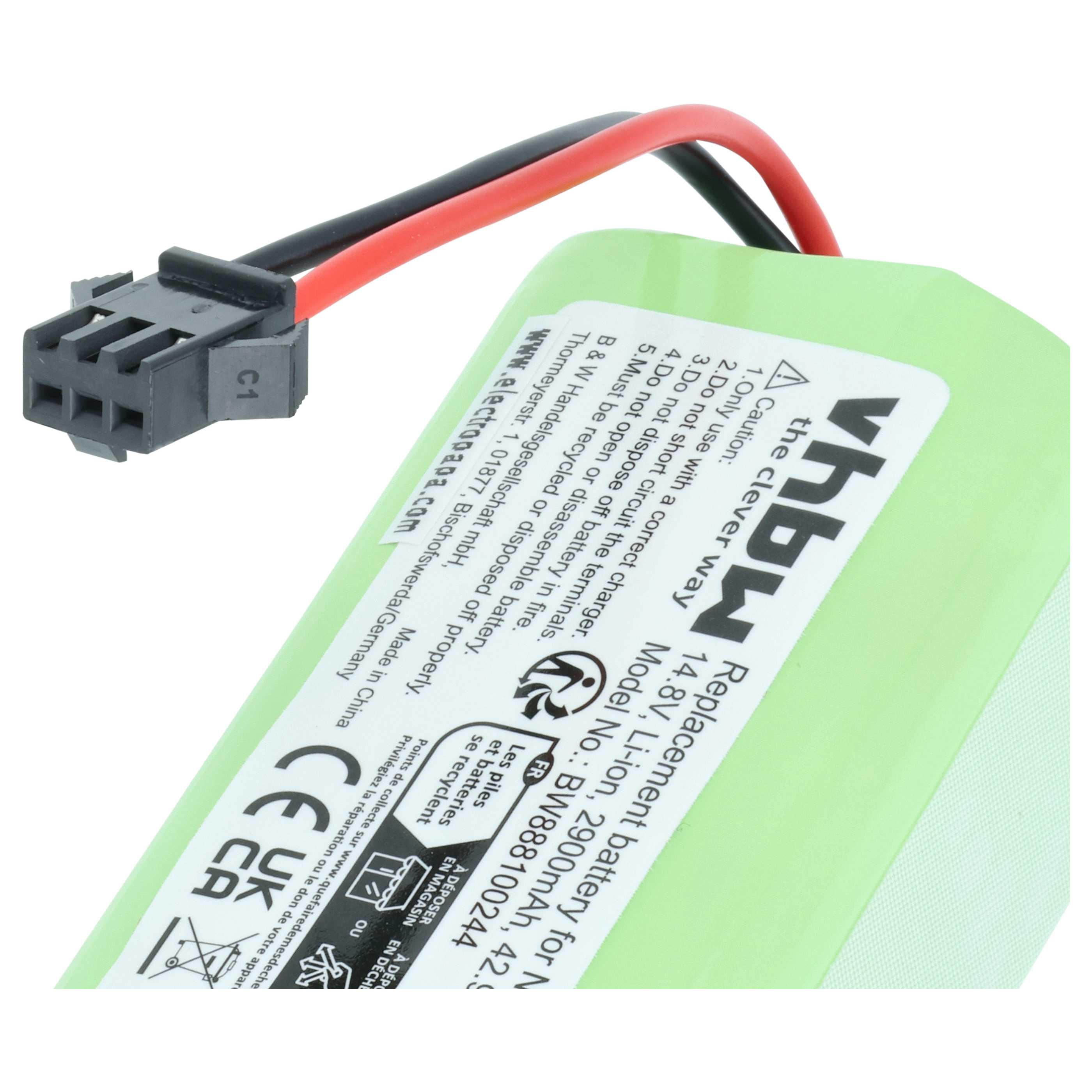 Grüne Li-Ion-Batterie mit schwarzen und roten Kabeln sowie einem schwarzen Stecker.