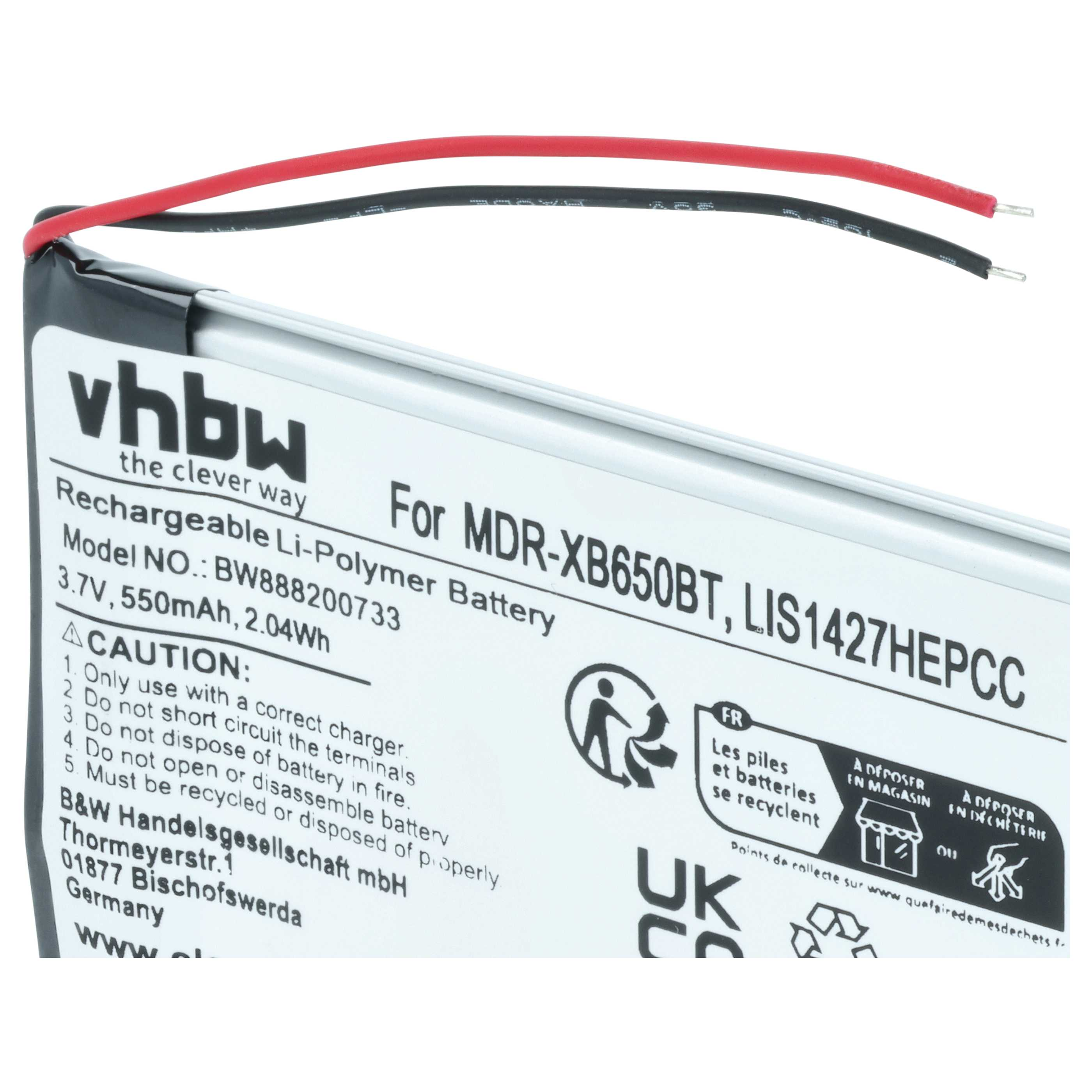 Ein VHBW Li-Polymer Akku für MDR-XB650BT mit roten und schwarzen Kabeln.