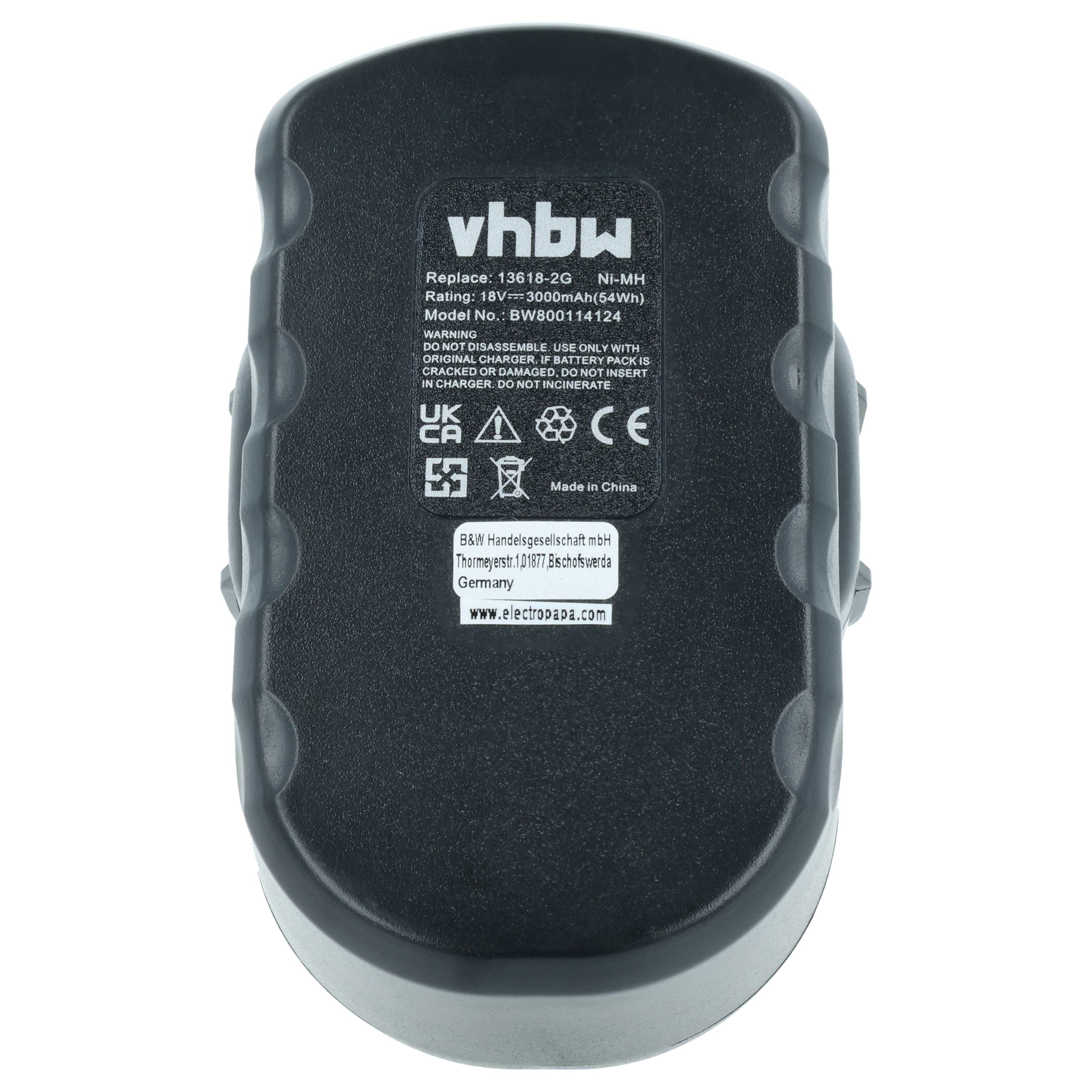 Schwarzer VHBW Akku, 18V, 3000mAh, Modell BW800114124, mit Warnhinweisen.