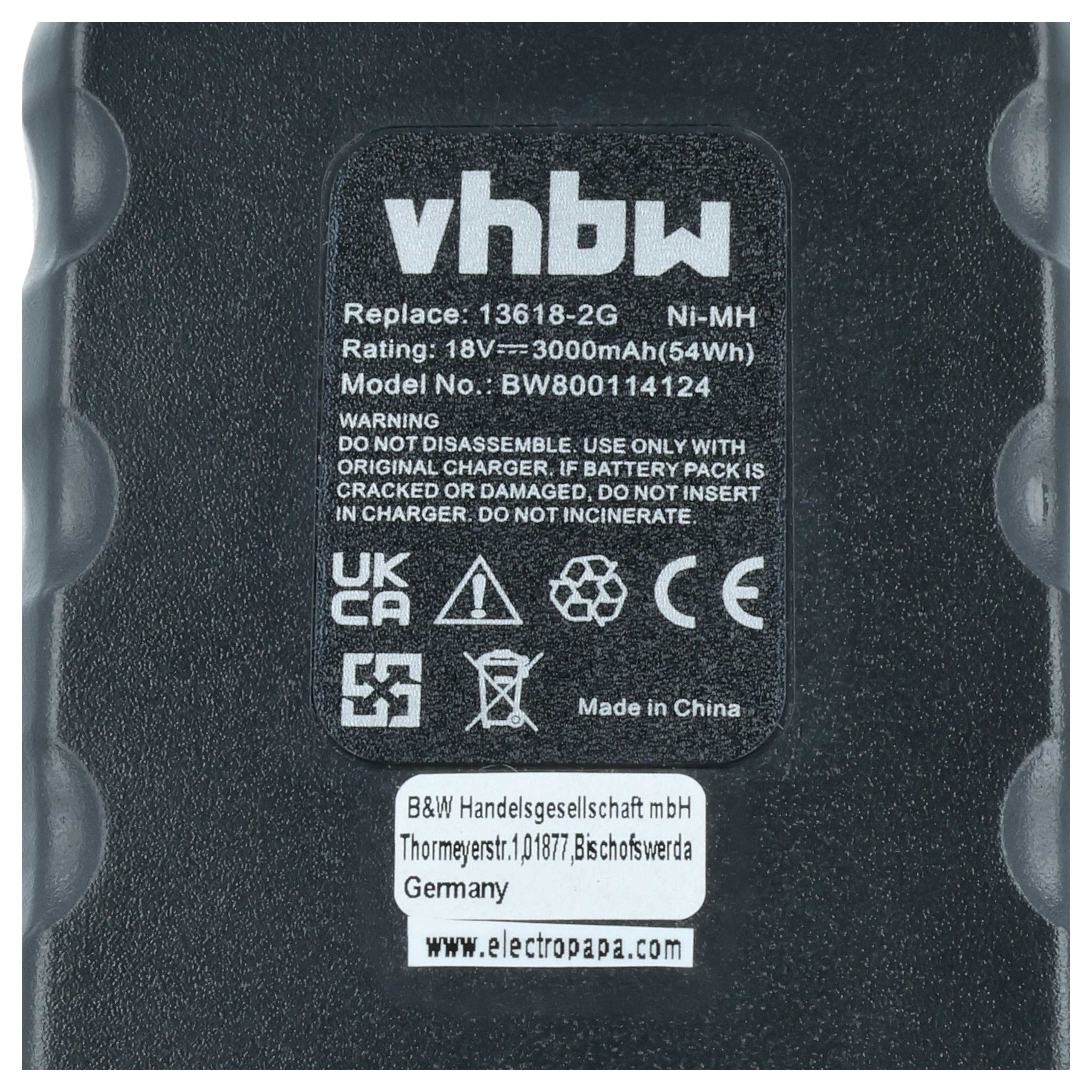 Schwarzer Akku mit weißen Aufklebern, Modellnummer BW800114124.