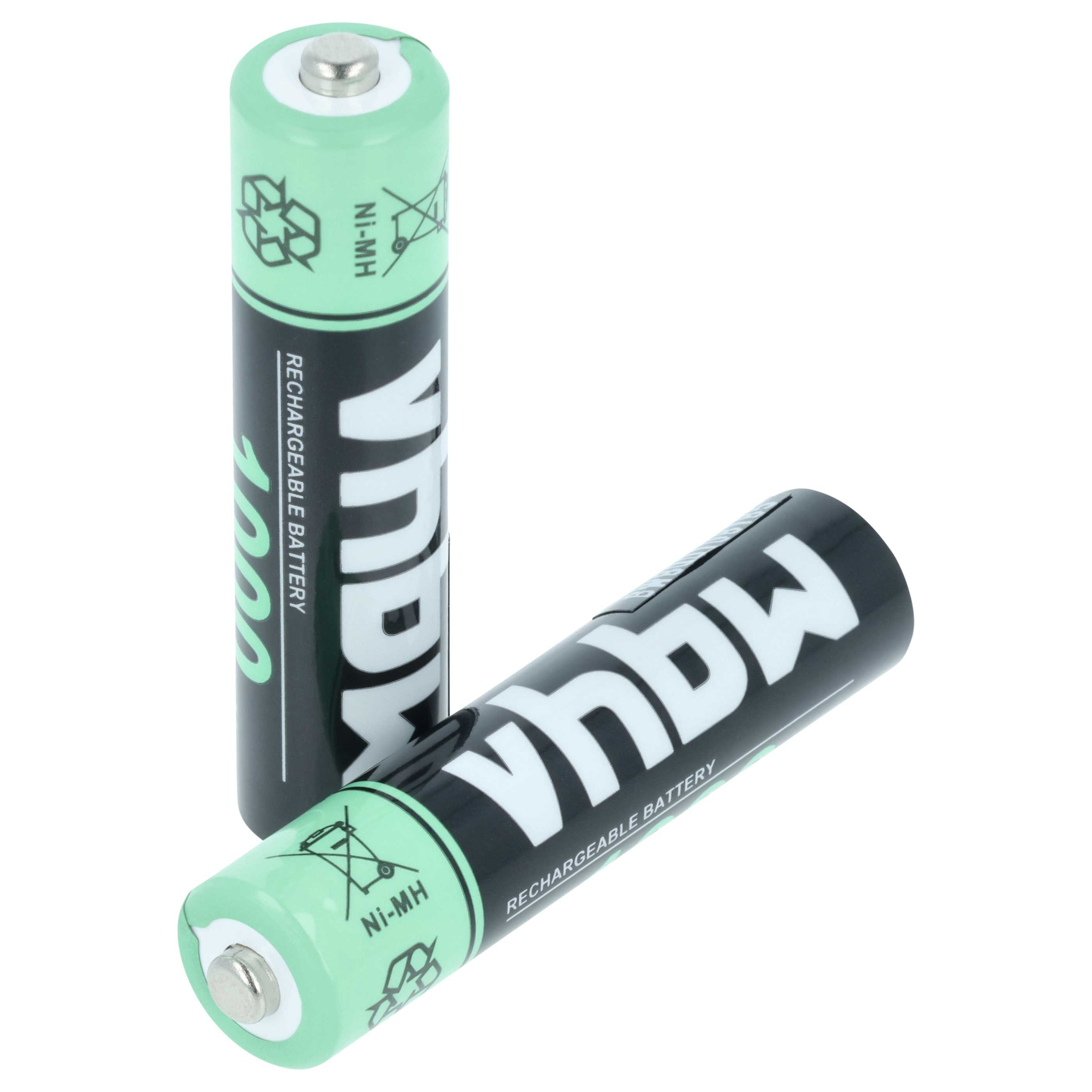 Zwei wiederaufladbare AA-Batterien mit grünen und schwarzen Etiketten.