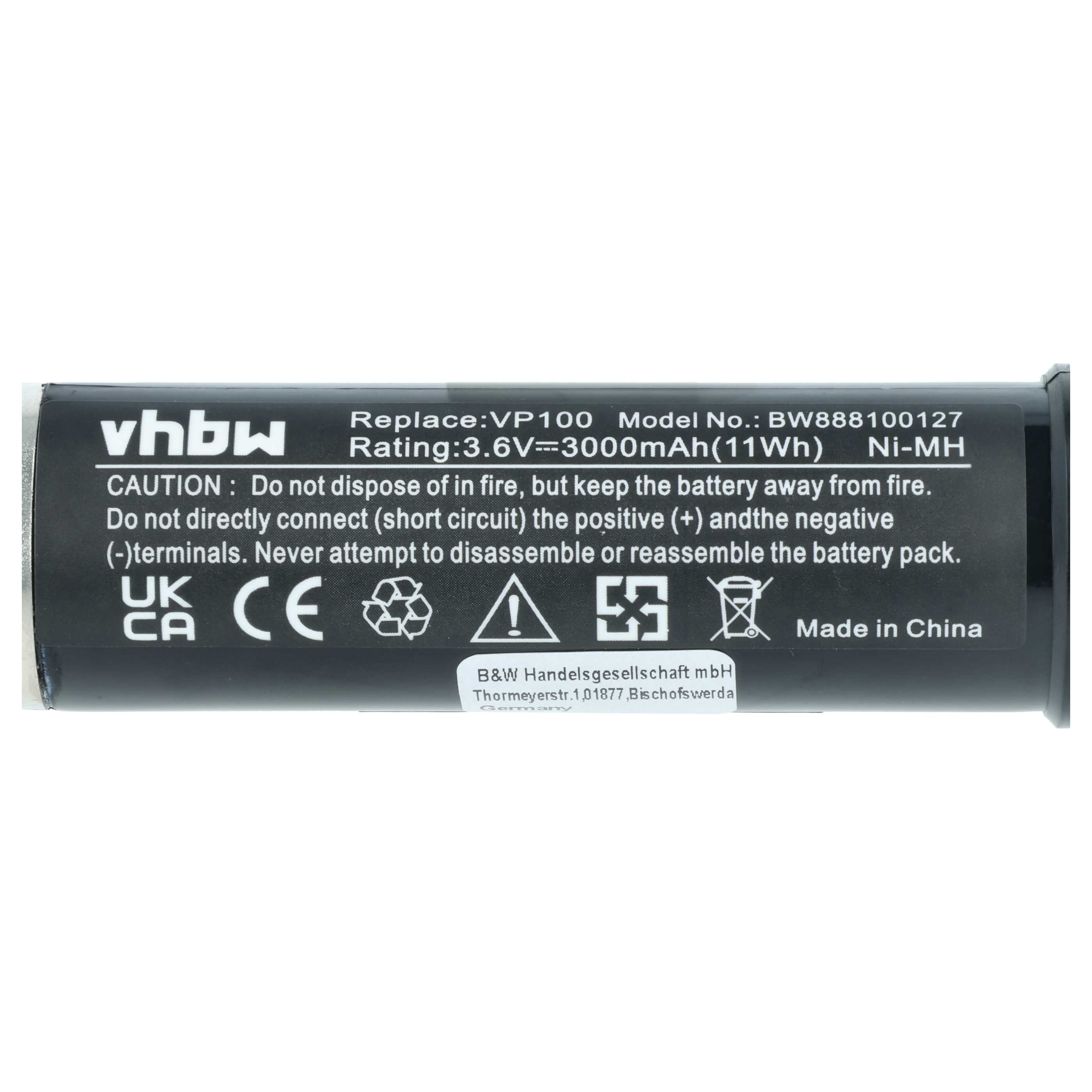 Ni-MH Akku: VP100, 3.6V, 3000mAh. Vorsicht: Nicht verbrennen.