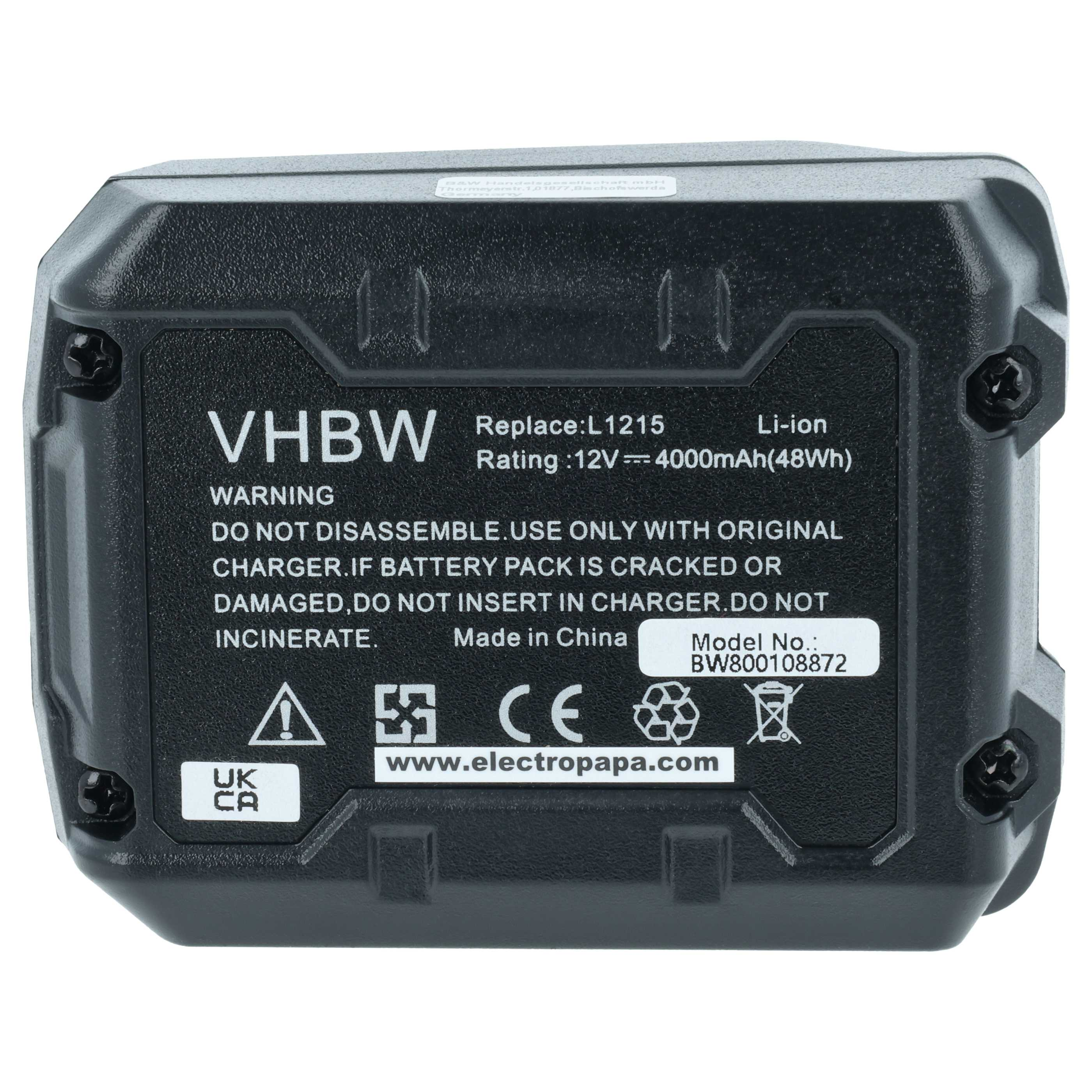 Schwarzer Li-Ion Akku, 12V, 4000mAh, mit Warnhinweisen und CE-Zeichen.