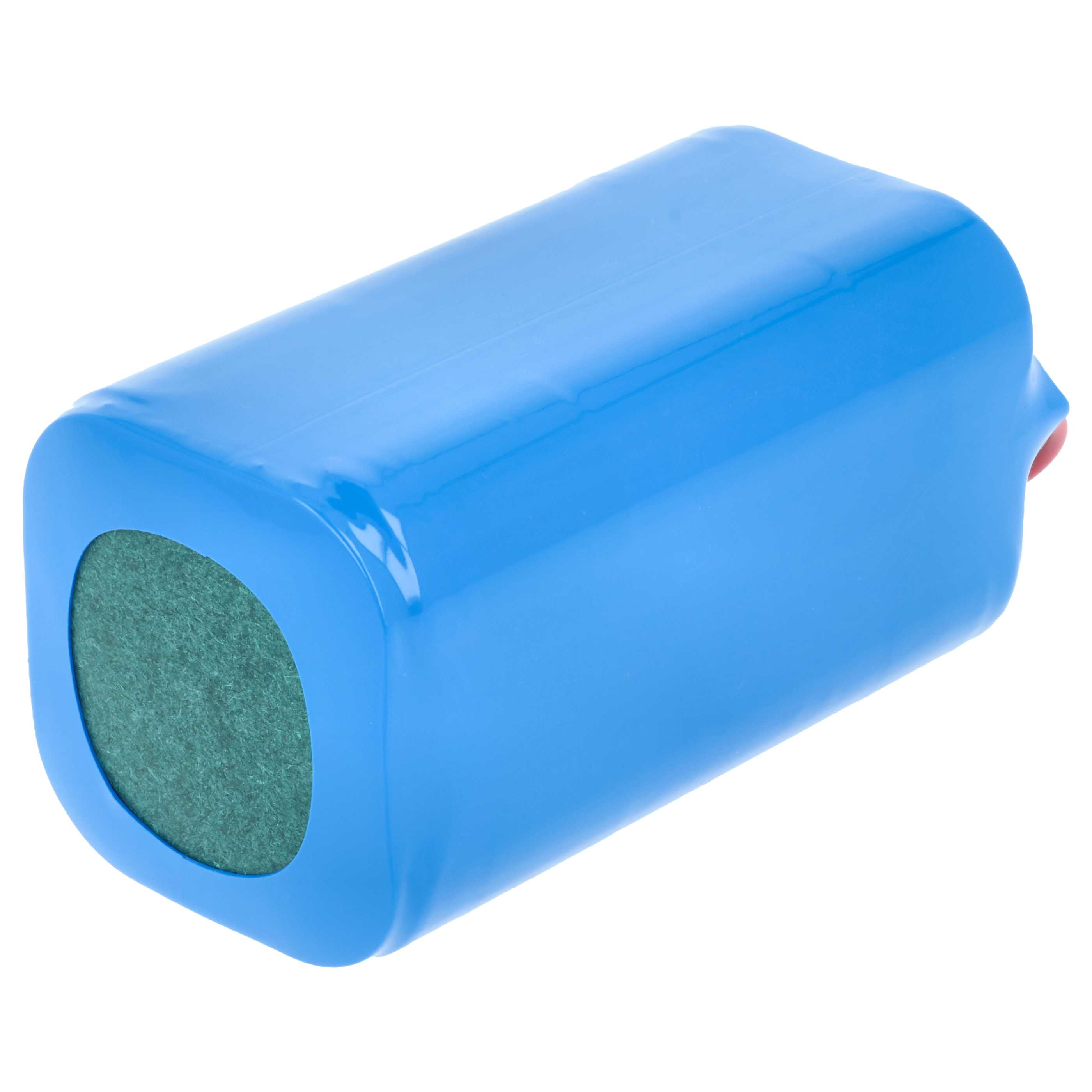 Ein blaues Akkupack mit grüner Vorderseite auf weißem Hintergrund.