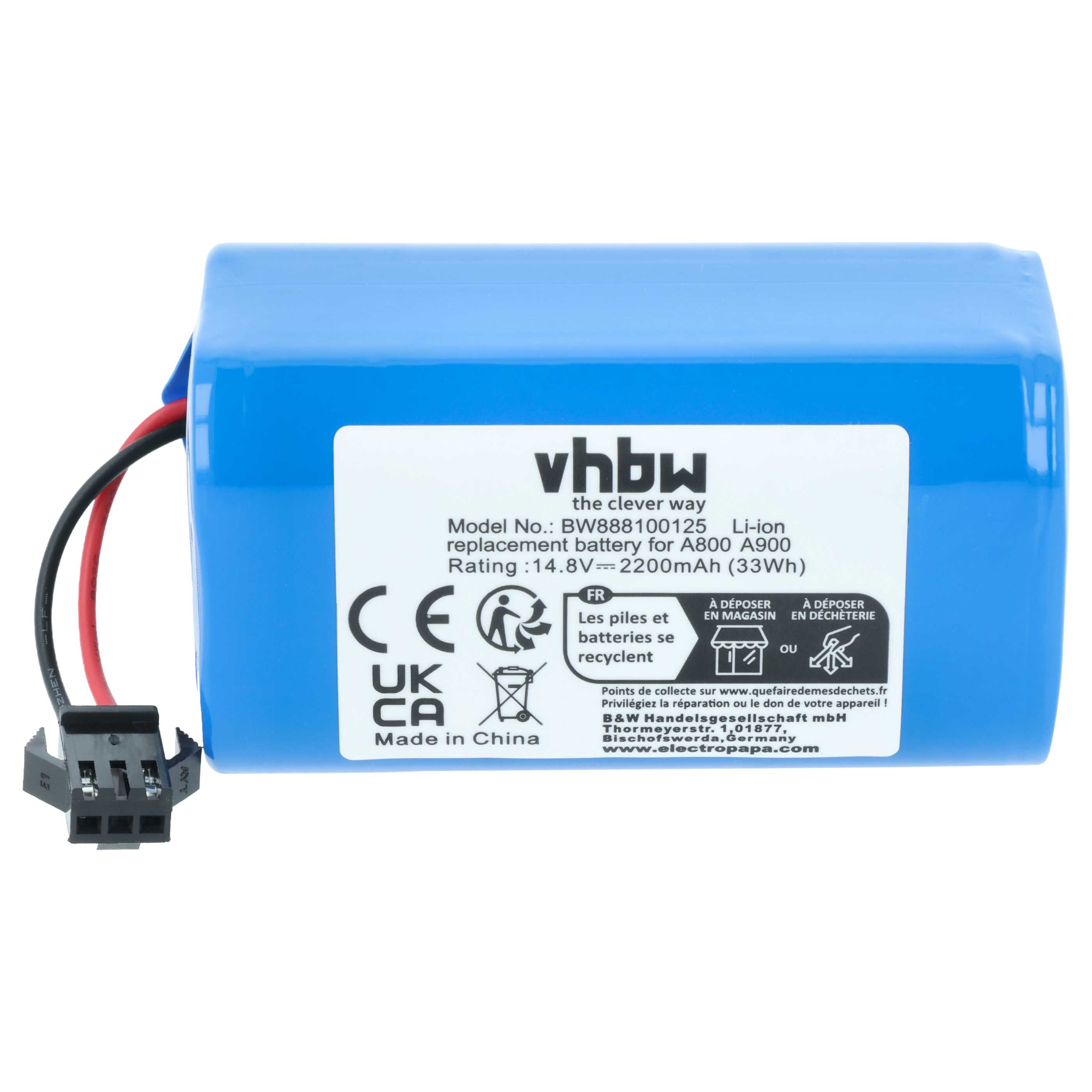 Blauer Lithium-Ionen-Akku mit schwarzen und roten Kabeln und schwarzem Stecker.