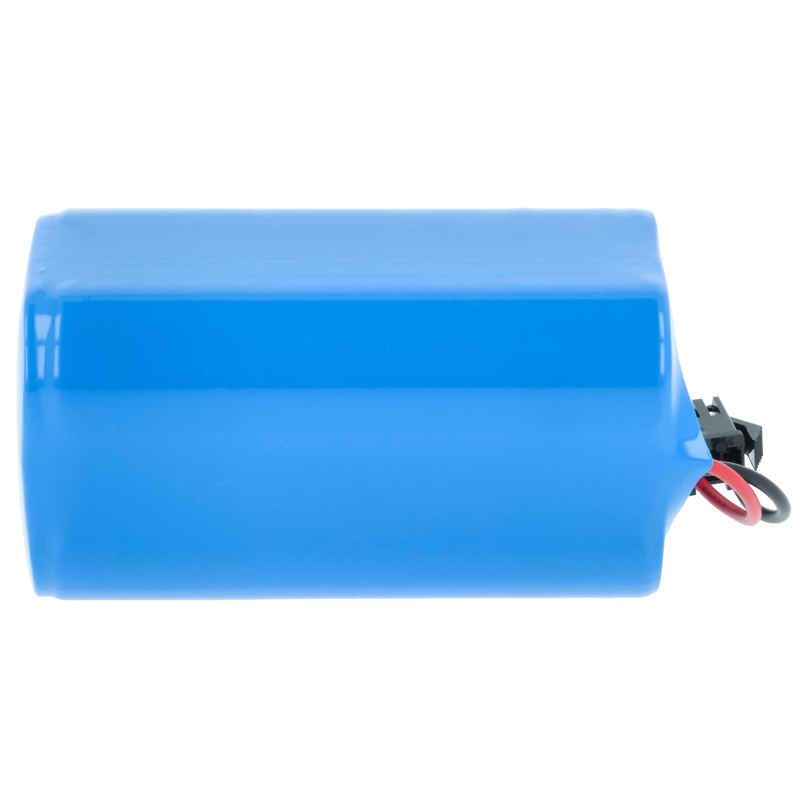 Blauer Akku mit roten und schwarzen Kabeln und schwarzem Stecker.