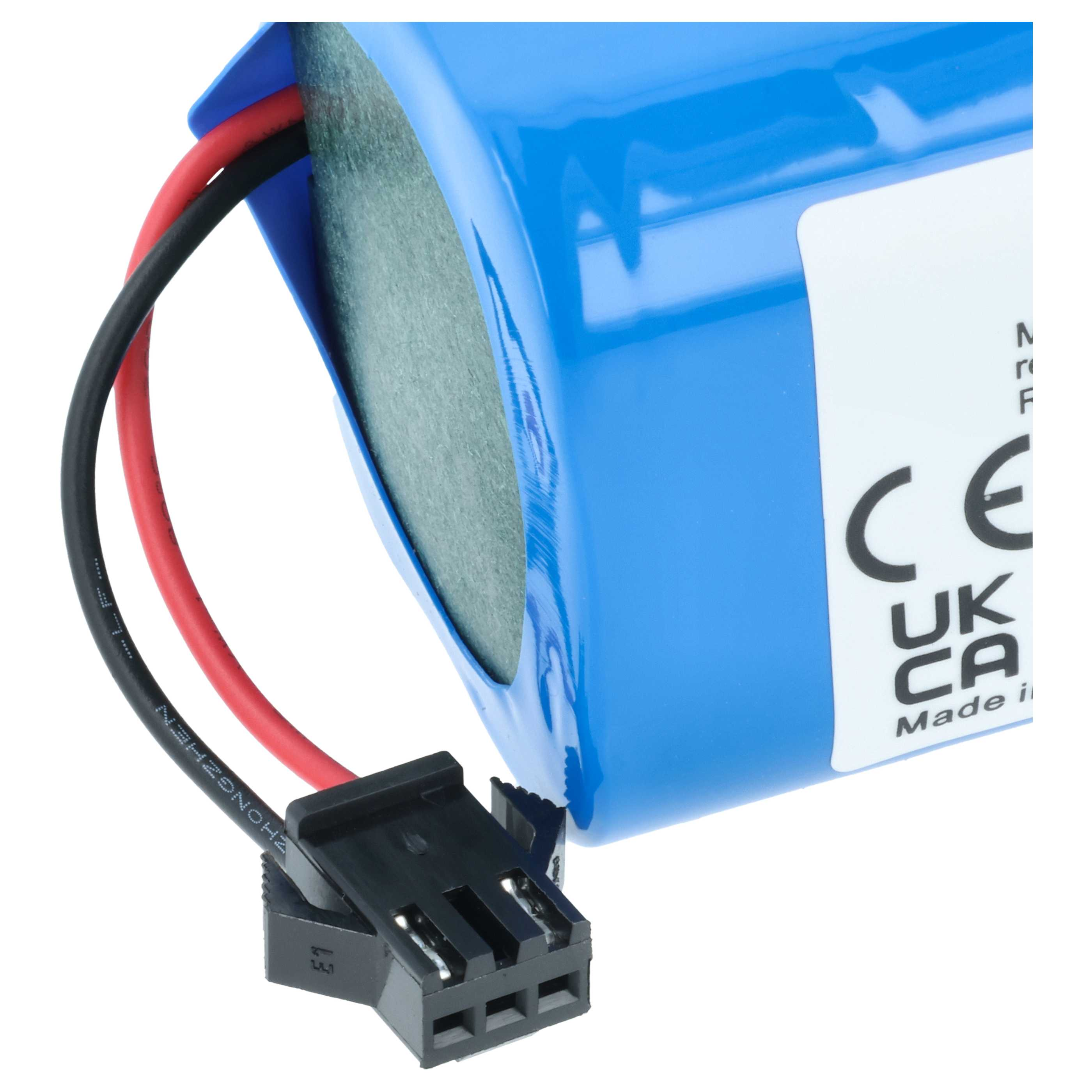 Ein blauer Akku mit schwarzen und roten Kabeln und einem schwarzen Stecker.