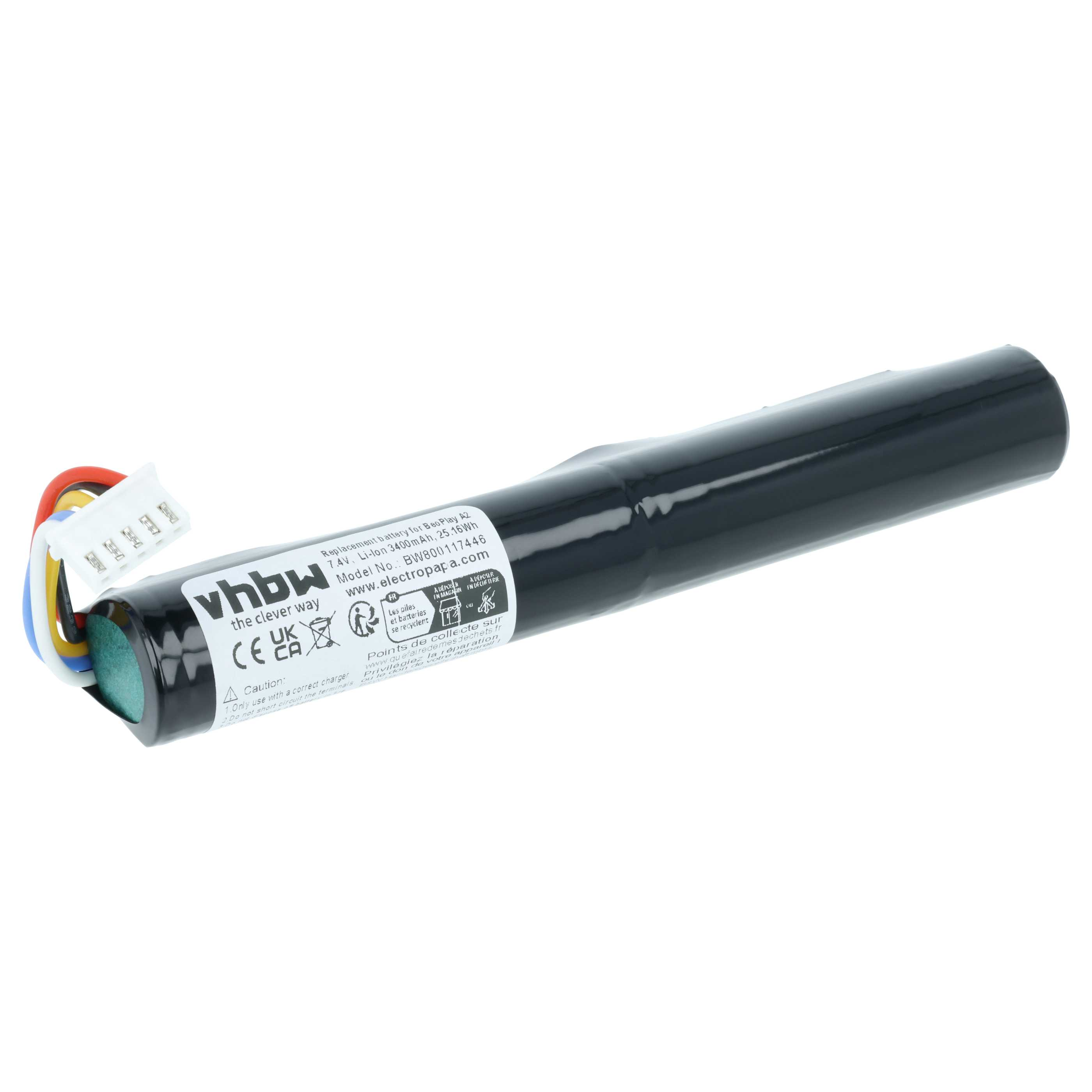 Schwarzer Lithium-Ionen-Akku mit Kabeln und weißem Anschluss, Marke vhbw.