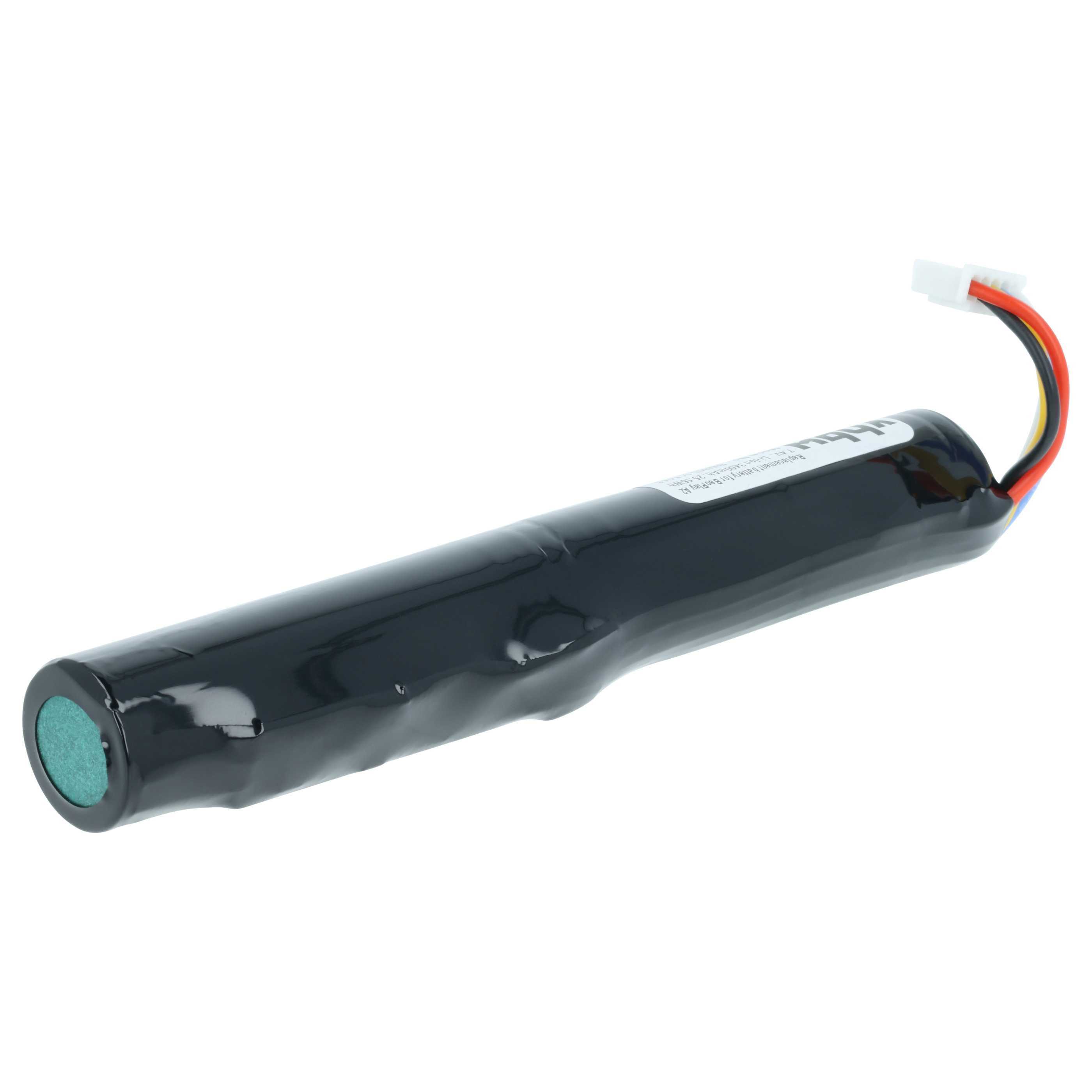 Schwarzer zylindrischer Akku mit Kabeln und weißem Stecker.