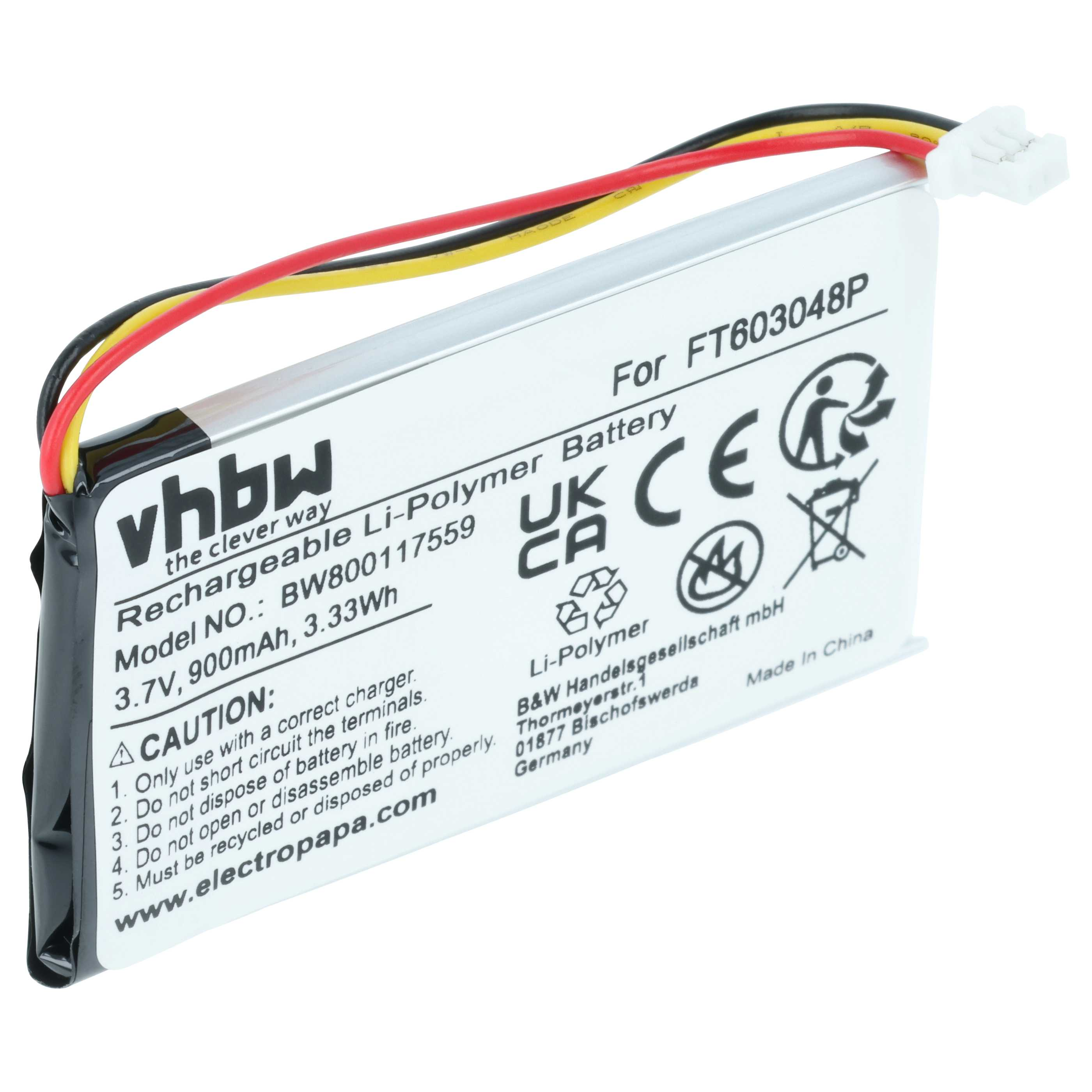 Ein Li-Polymer-Akku mit Kabeln und Anschluss, Modell BW800117559, 3,7V, 900mAh.