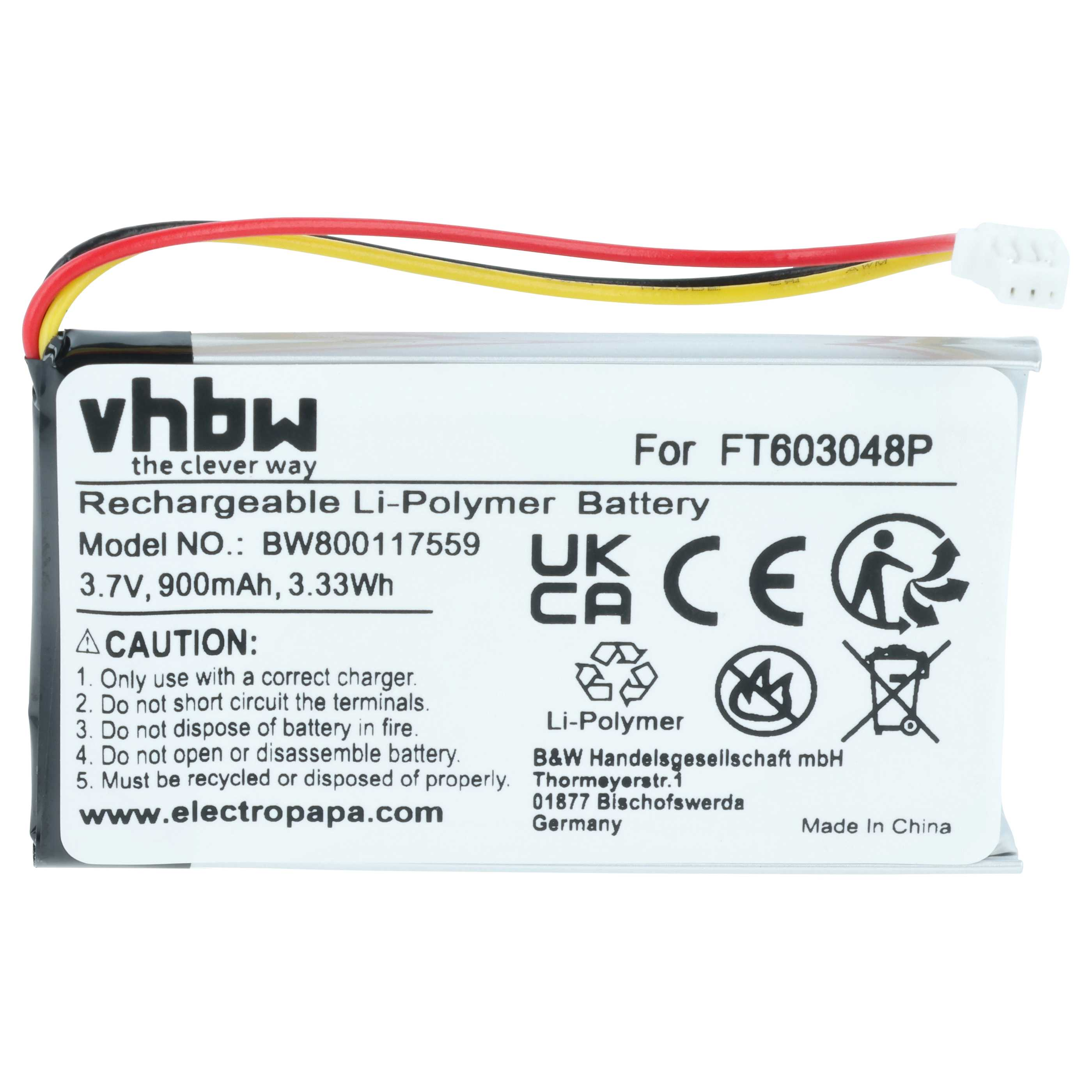 Ein vhbw Li-Polymer Akku FT603048P, 3,7V, 900mAh mit Kabeln.