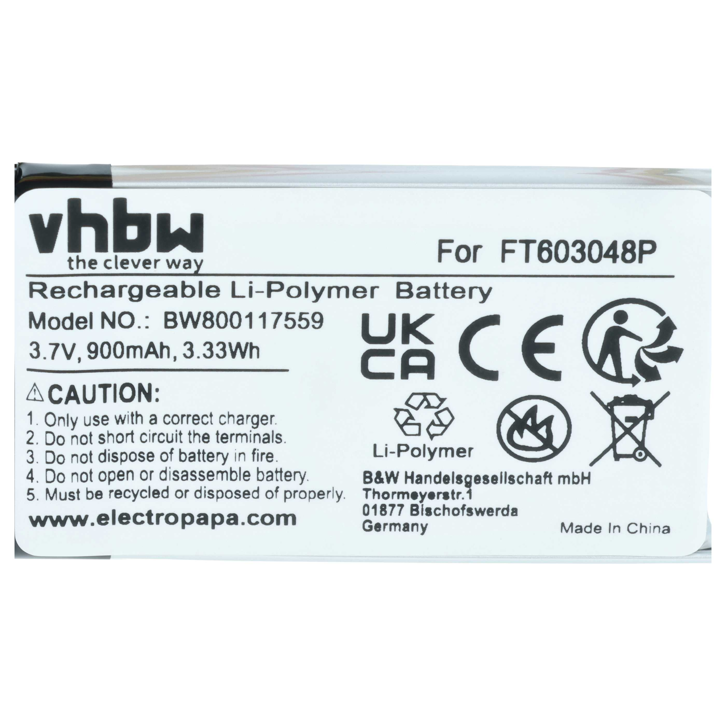 vhbw Li-Polymer Akku für FT603048P, 3,7V, 900mAh, Made in China.