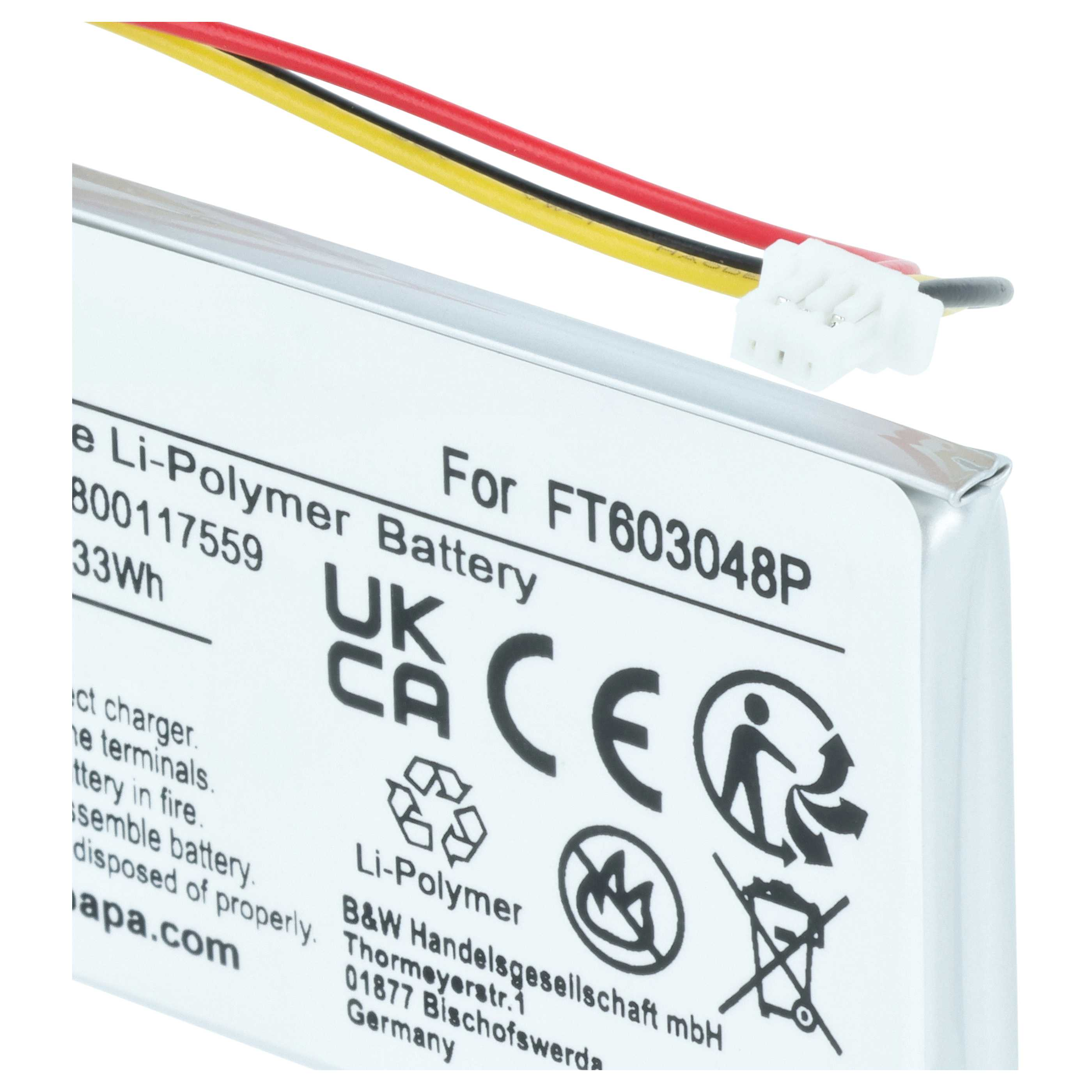 Li-Polymer-Akku für FT603048P mit Kabeln, Warnsymbolen und Herstellerangaben.