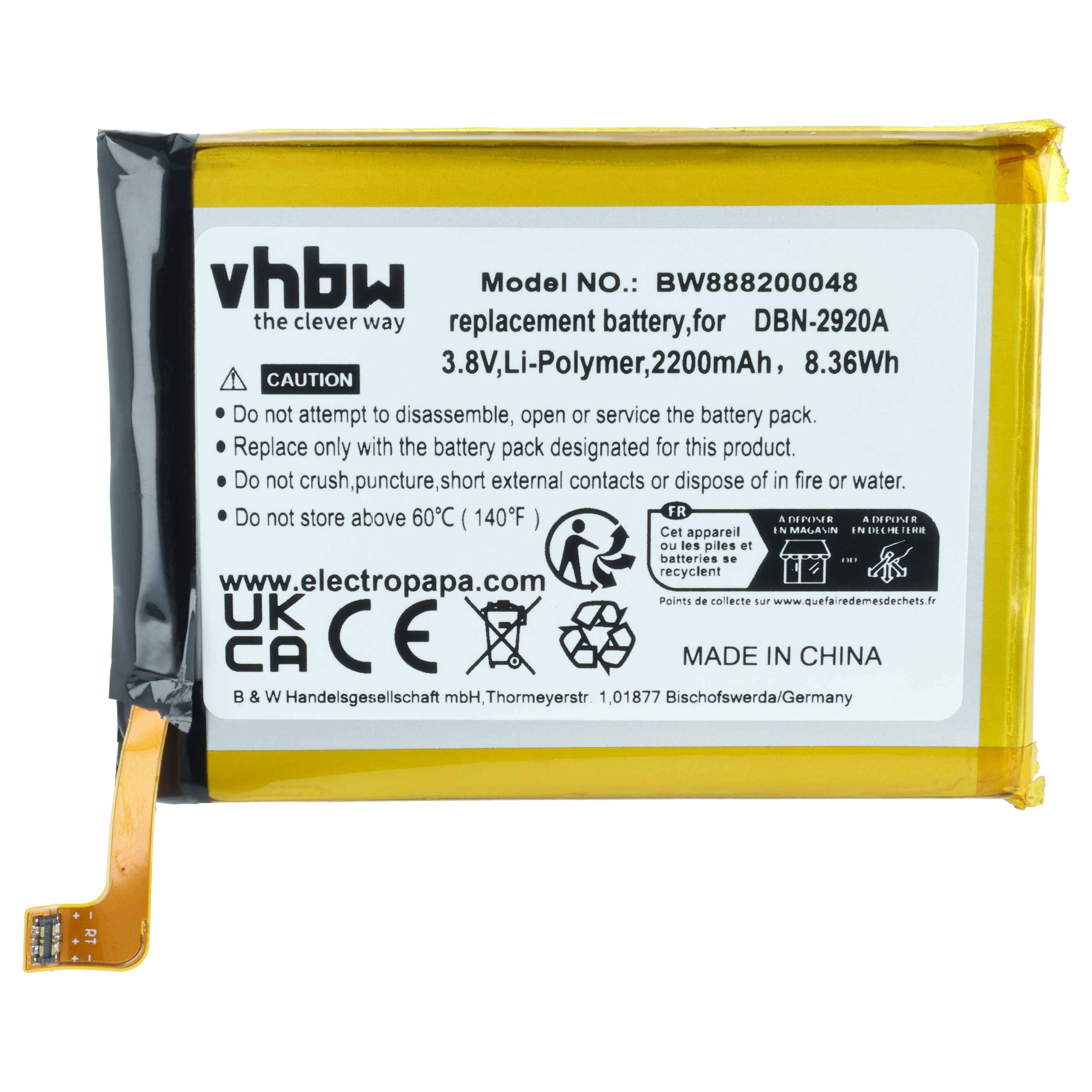 Gelbe Ersatzbatterie mit schwarzen und weißen Aufklebern und einem Flexkabel.