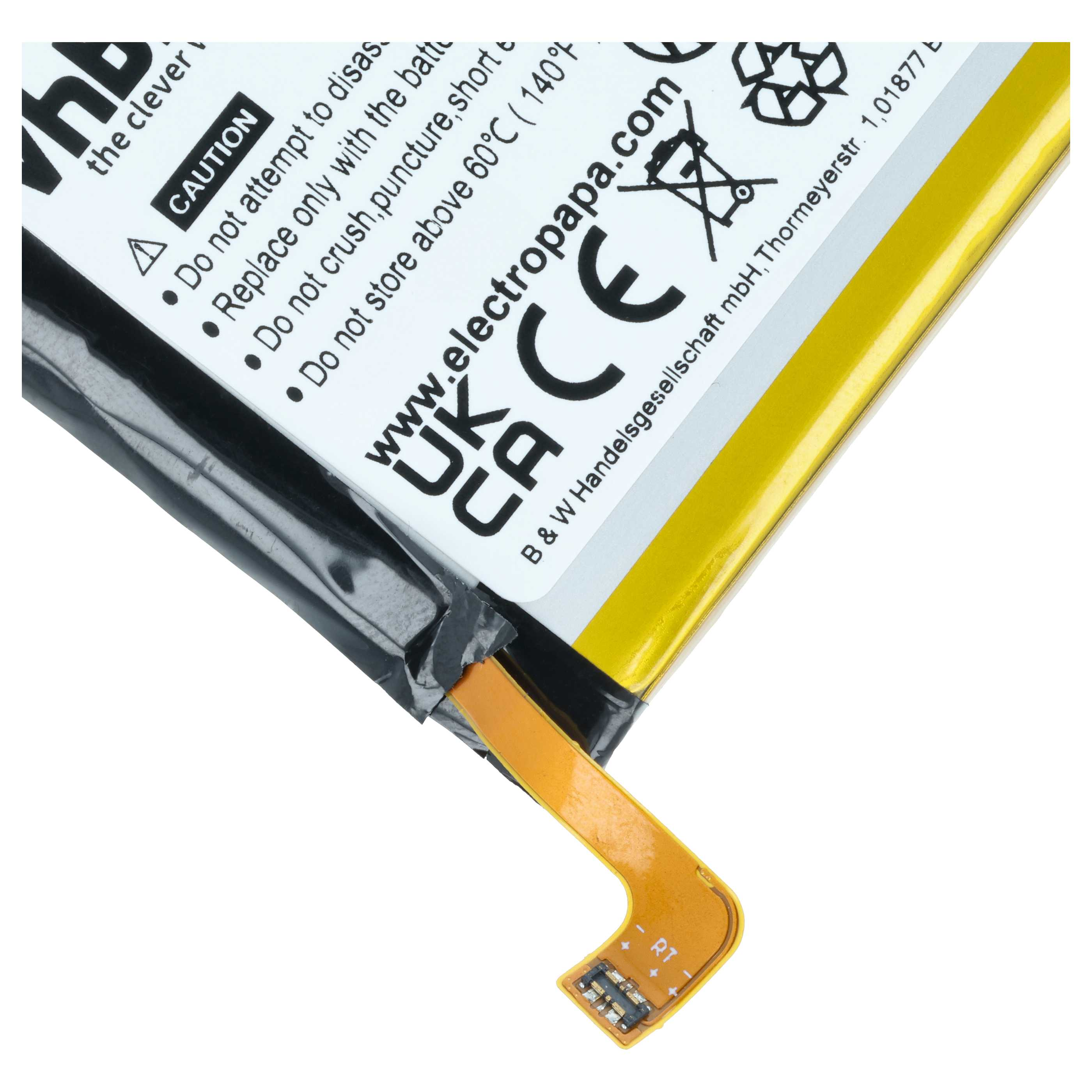 Ein Lithium-Polymer-Akku mit Warnhinweisen und Kontakten.