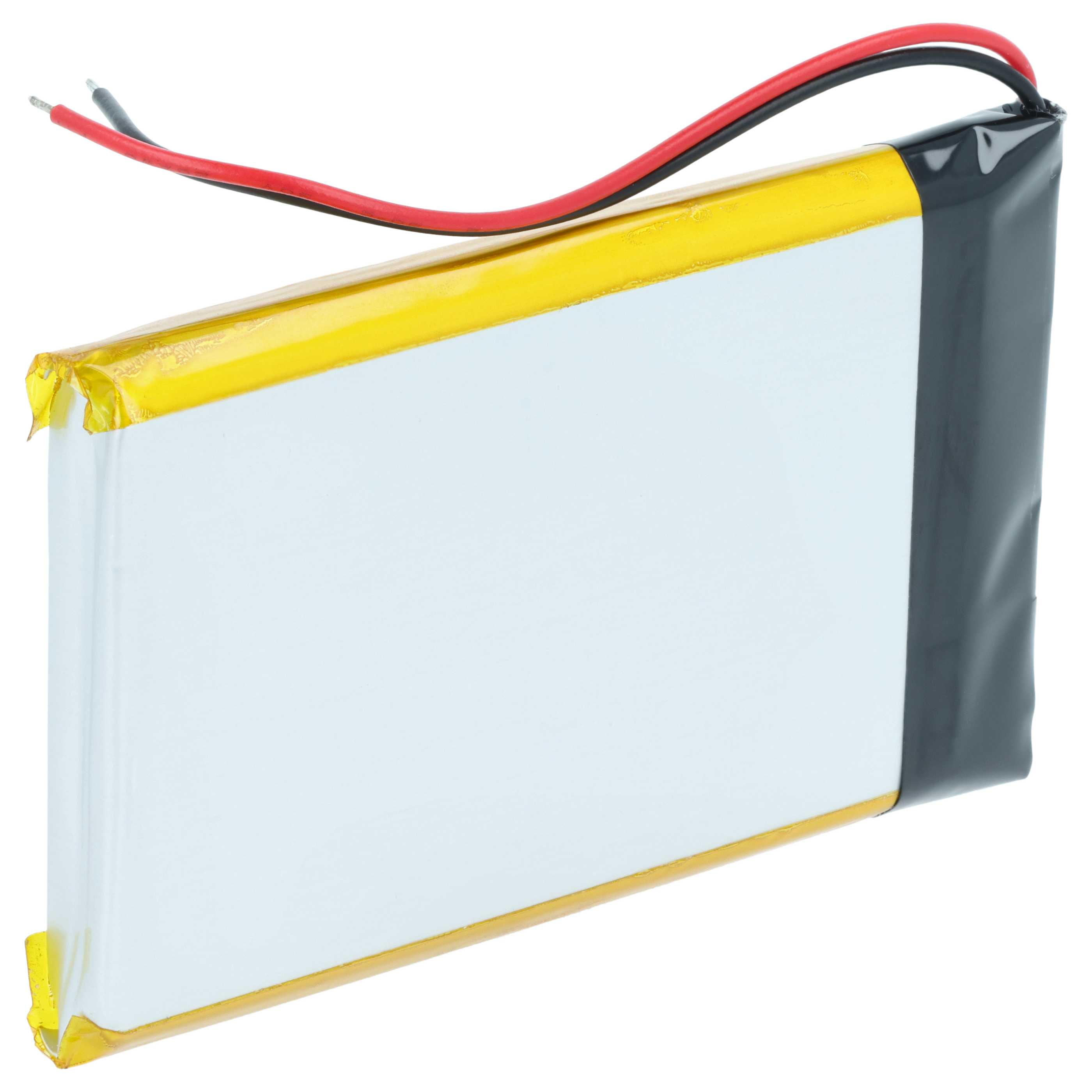 Flache Lithium-Polymer-Batterie mit gelbem Rand und schwarzen Kabeln.