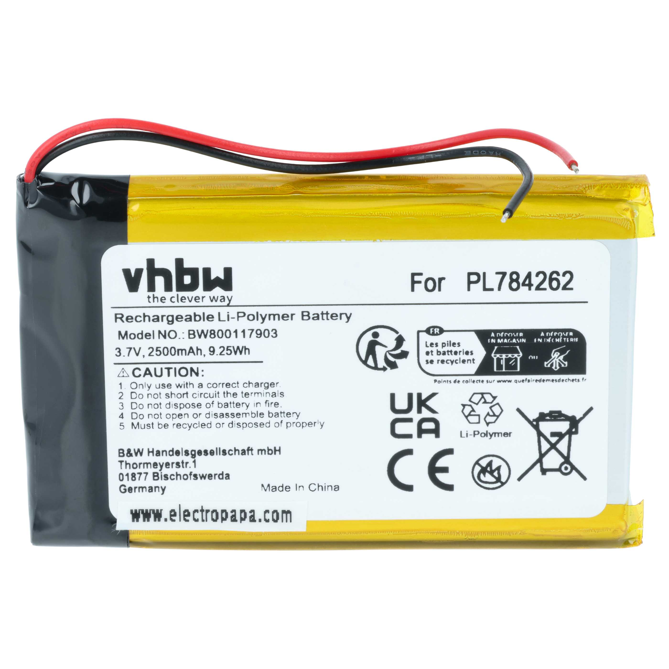 Wiederaufladbare Li-Polymer-Batterie mit roten und schwarzen Kabeln, Modell PL784262.