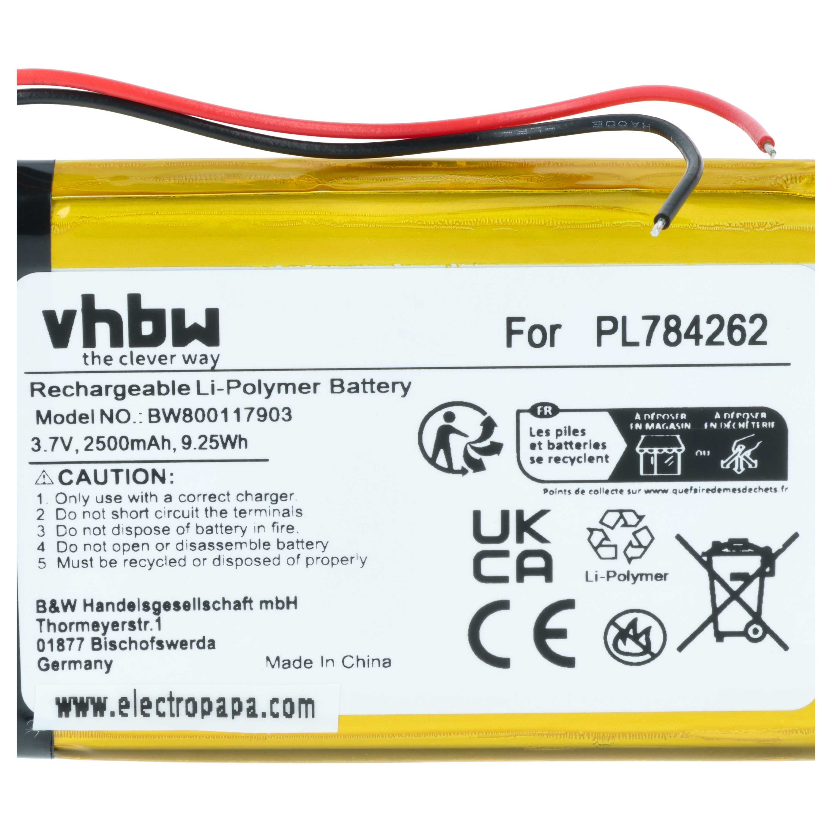 Gelbe Li-Polymer-Batterie mit schwarzen und roten Kabeln, Modell PL784262.