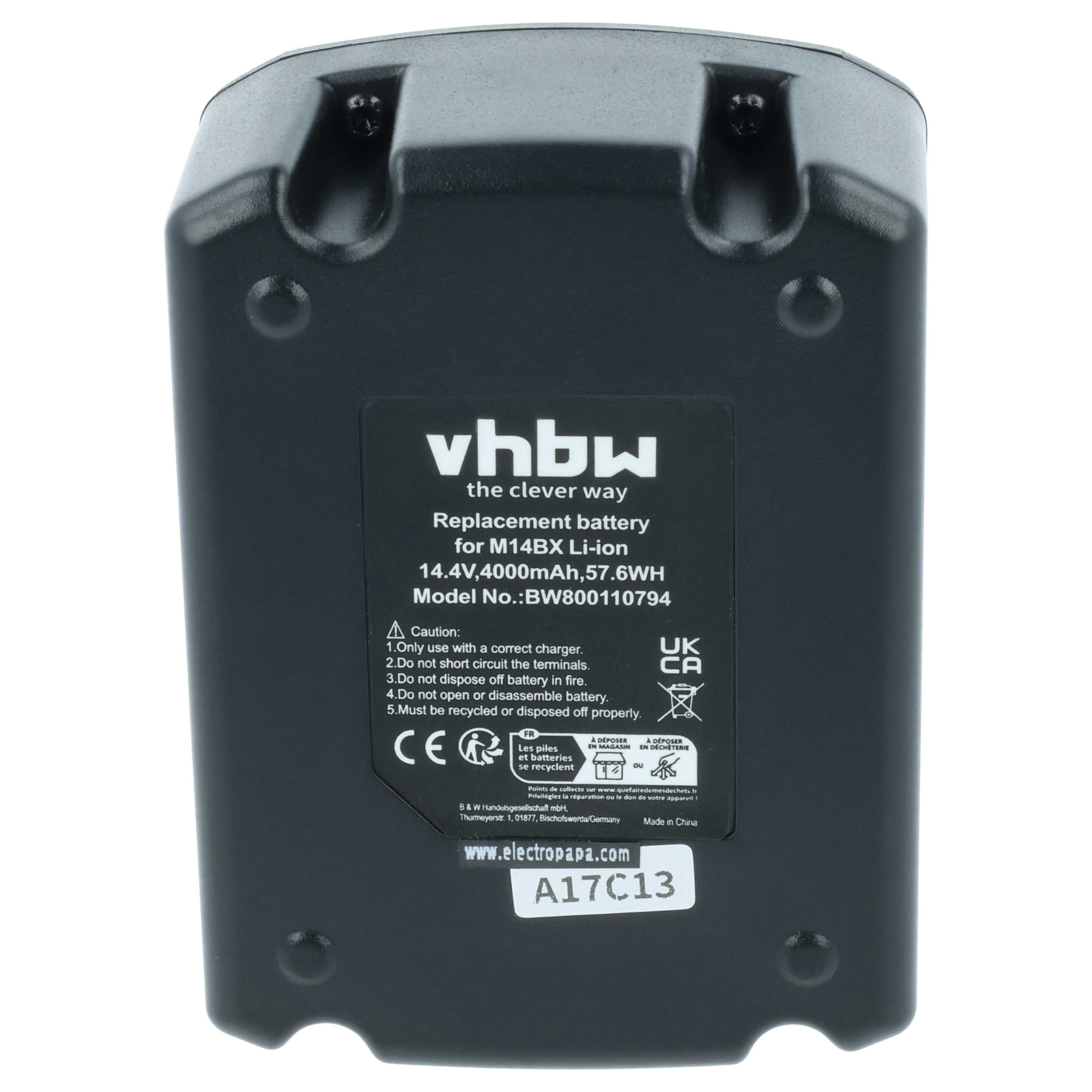 Schwarzer Lithium-Ionen-Akku mit Aufkleber mit Modellnummer und Warnhinweisen.