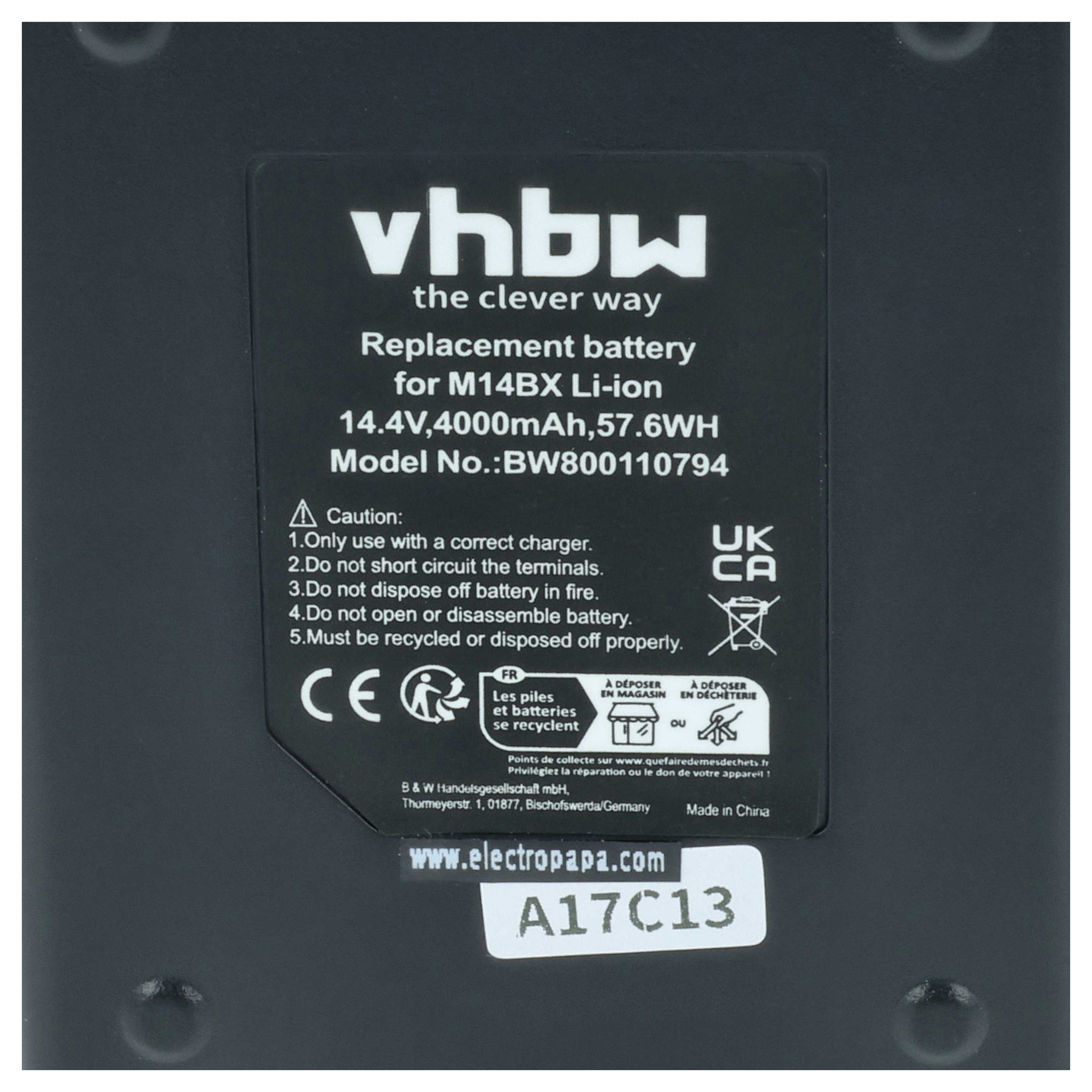 Vorderseite eines schwarzen Akkus mit Aufkleber von vhbw, Details zu Modell und Warnhinweisen.