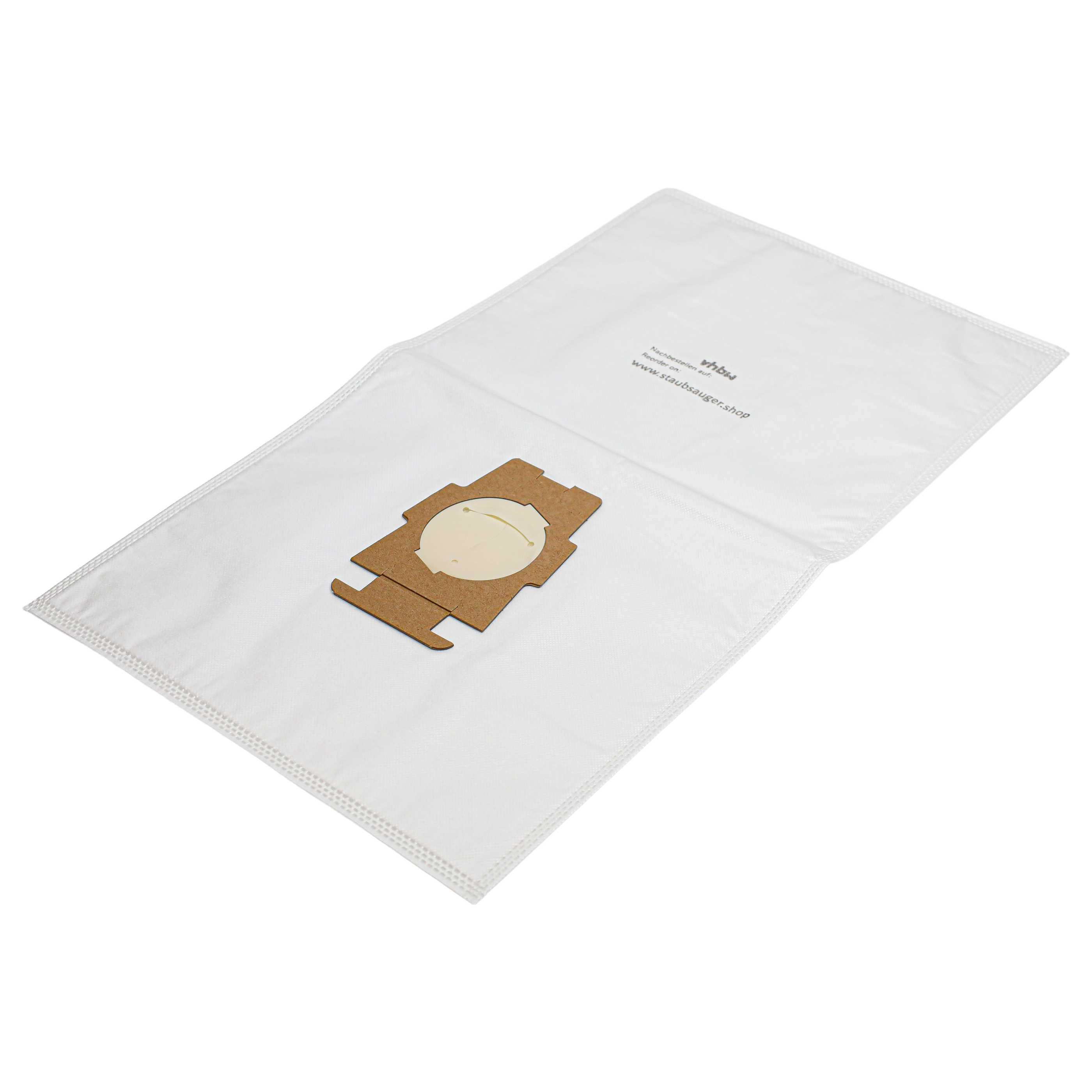 Ein weißer Staubsaugerbeutel mit braunem Anschlussstück und Website-Aufdruck.