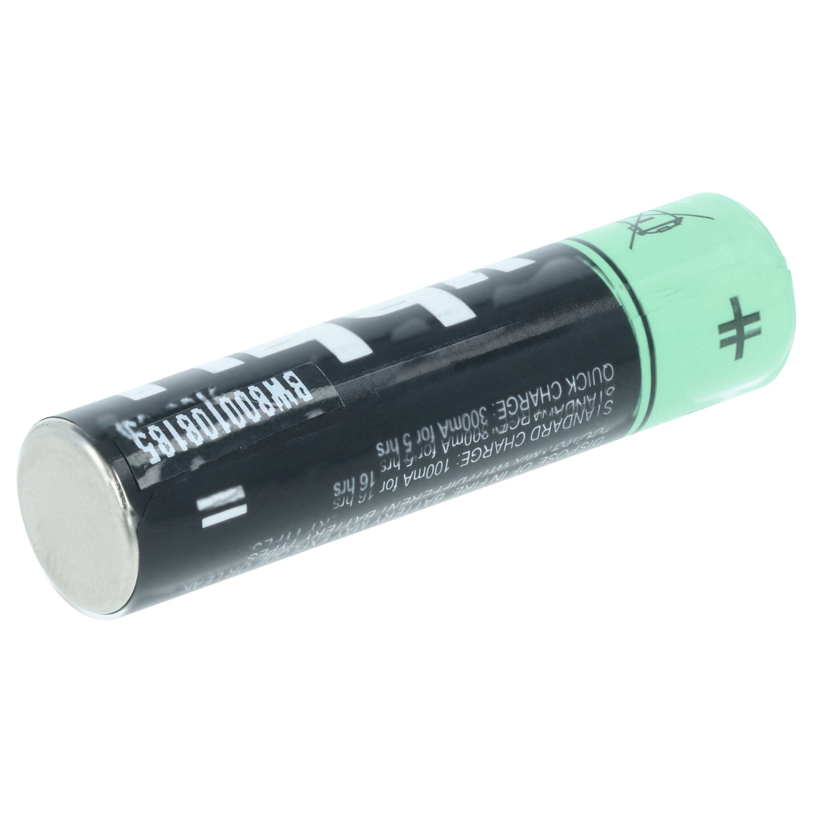 Eine AA-Batterie mit schwarzem Gehäuse und grüner Spitze, mit Beschriftung.