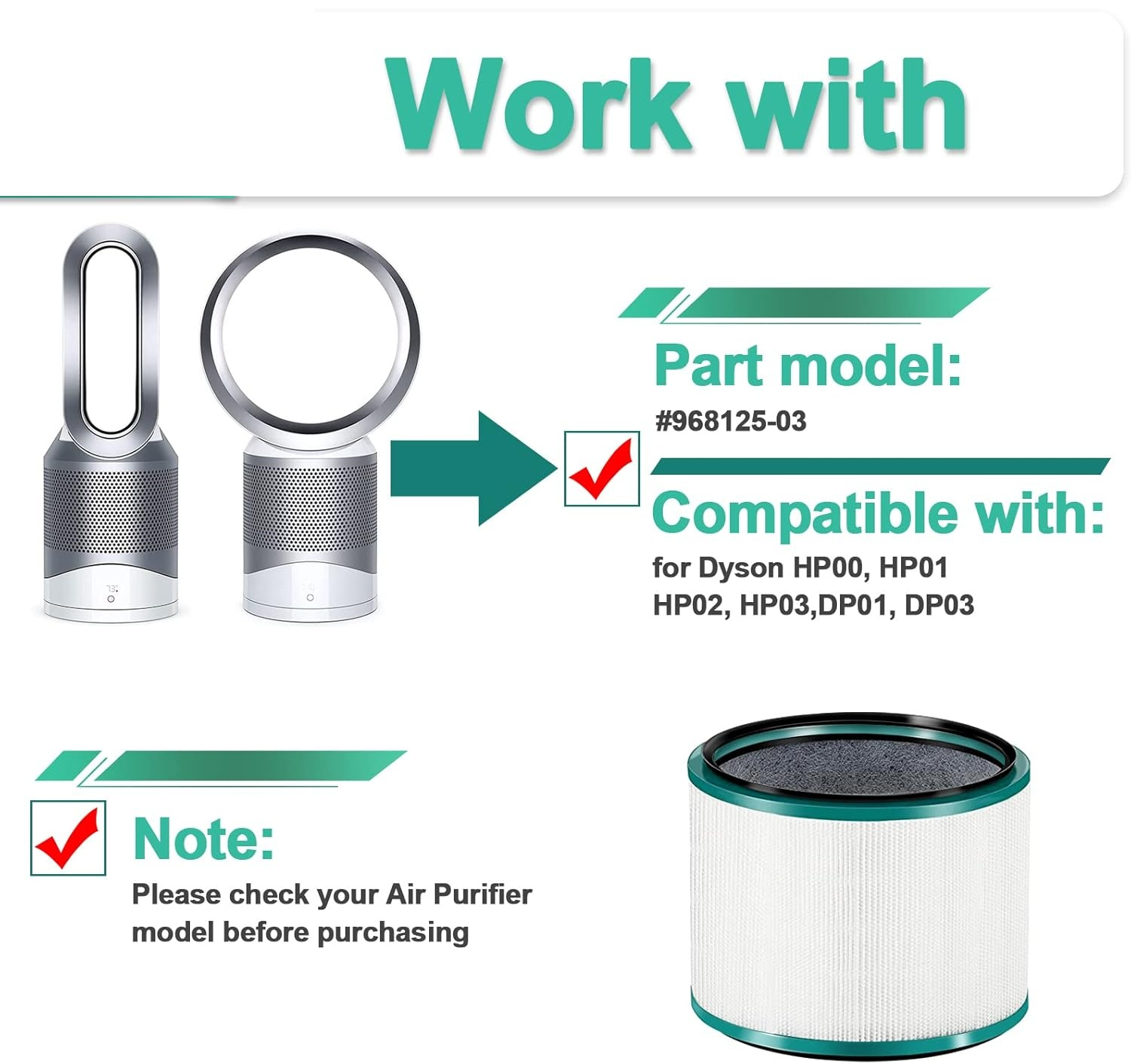 Luftreinigerfilter-Kompatibilität mit Dyson HP-Modellen, Teilenummer #968125-03.
