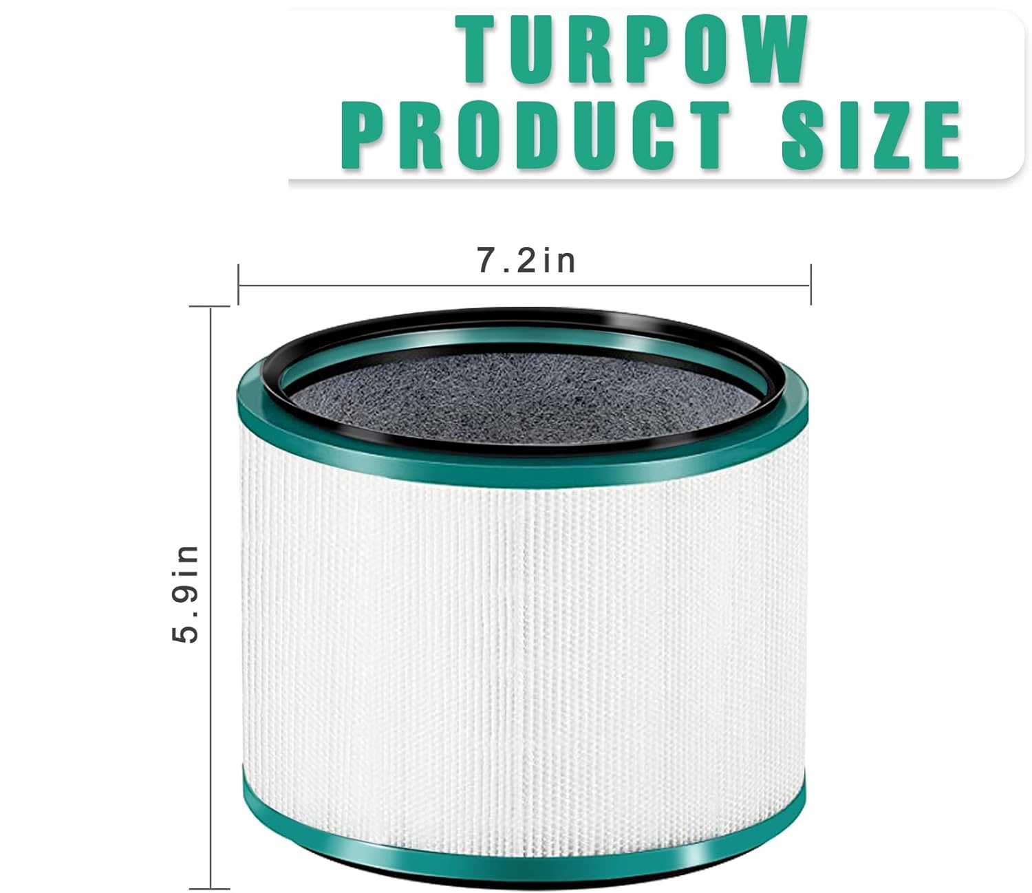 Ein zylindrischer Luftfilter mit weißen Falten und grünen Rändern. Maße: 7,2 Zoll breit, 5,9 Zoll hoch.