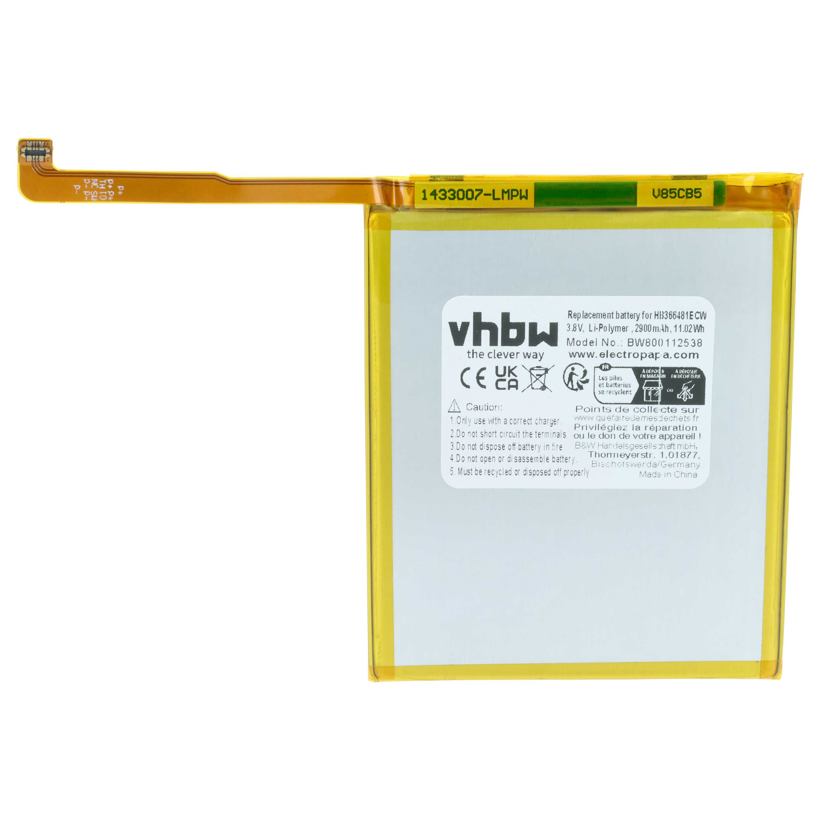 Ein grauer Akku mit gelbem Rand und Flexkabel. Beschriftung: vhbw, Modellnummer, etc.