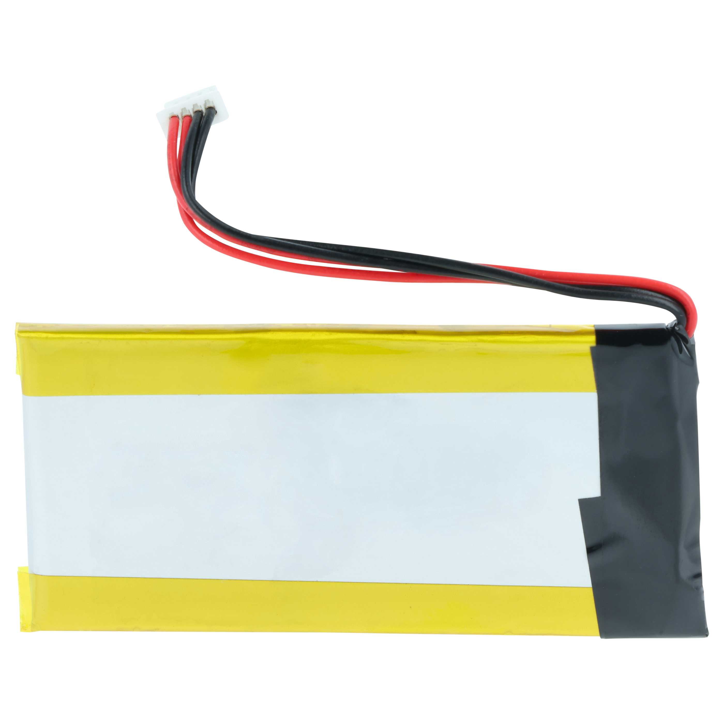 Ein flacher Lithium-Polymer-Akku mit gelbem, weißem und schwarzem Gehäuse.